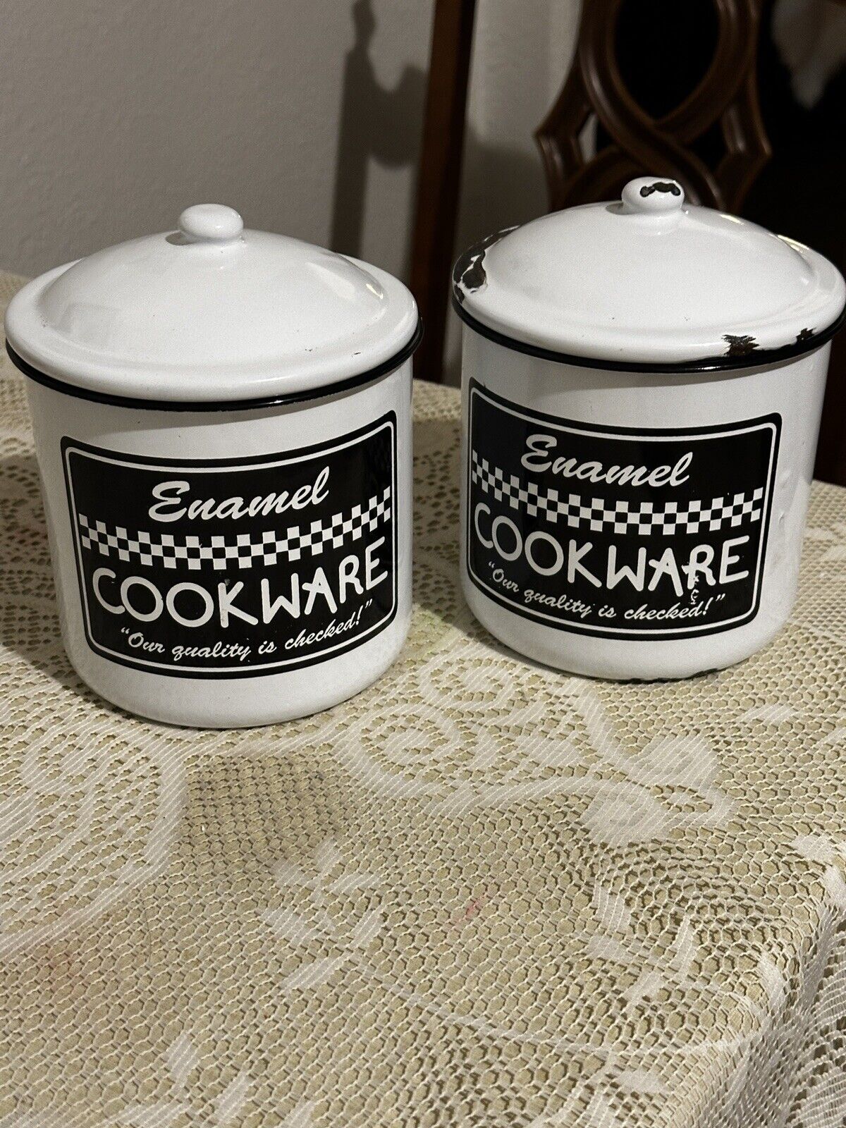 2 VINTAGE ENAMEL COOKWARE White/Black Letters Metal CANISTERS w/Lids 6x5