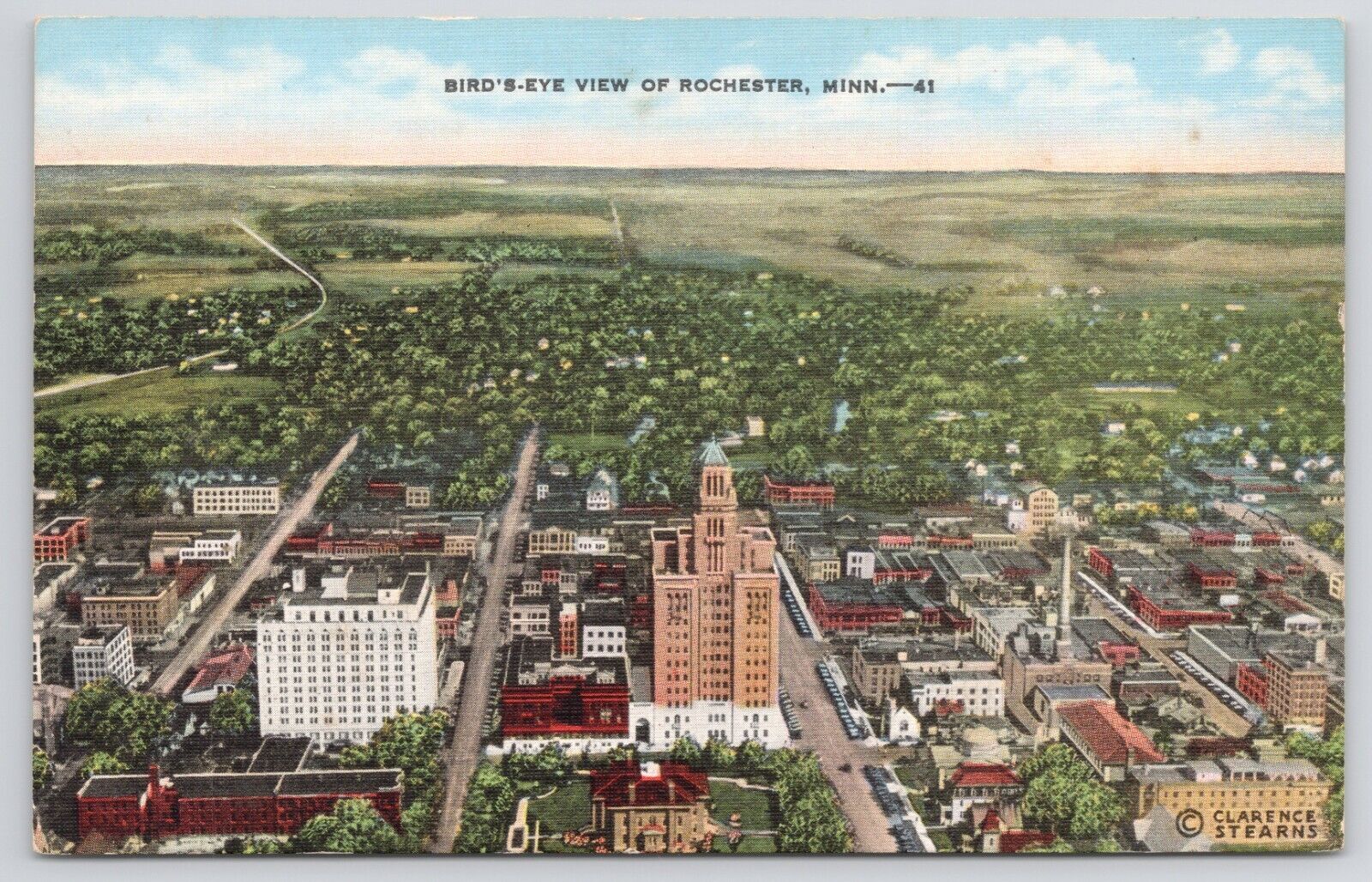 Rochester Minnesota Birds Eye View Downtown Linen Postcard