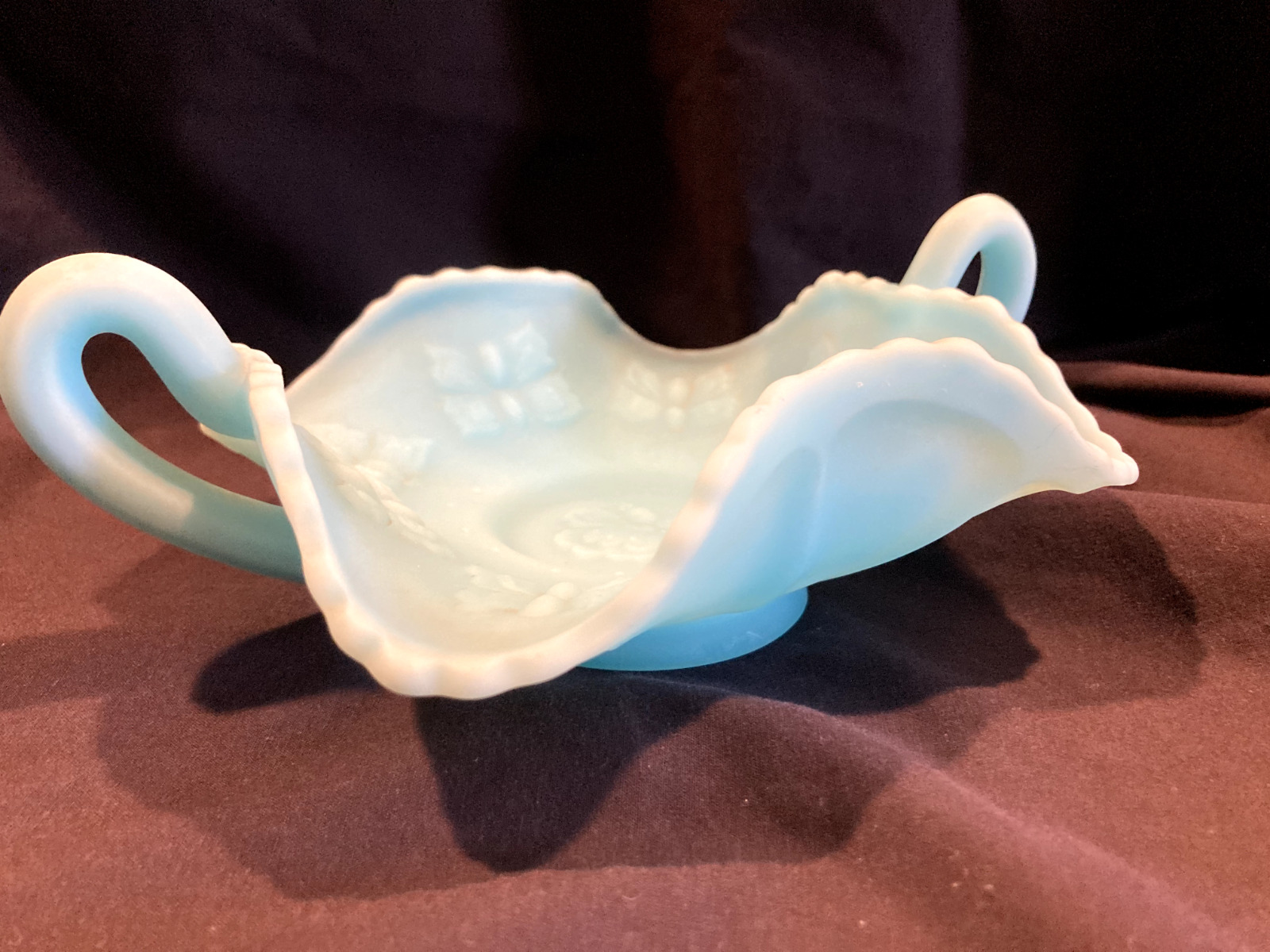 Vintage FENTON Satin Glass Blue Bowl/Candy Dish Ruffled Butterfly