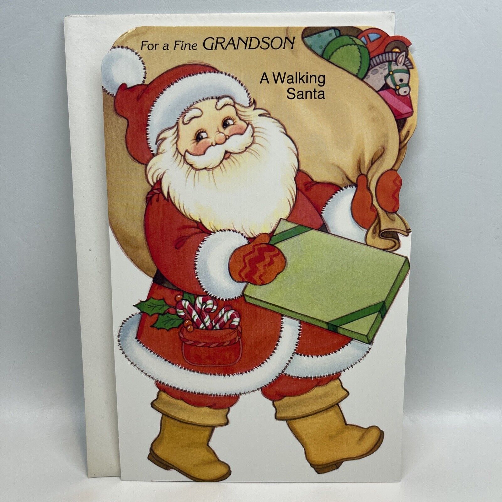 Vtg Grandson Walking Santa Christmas Greeting Card Envelope New