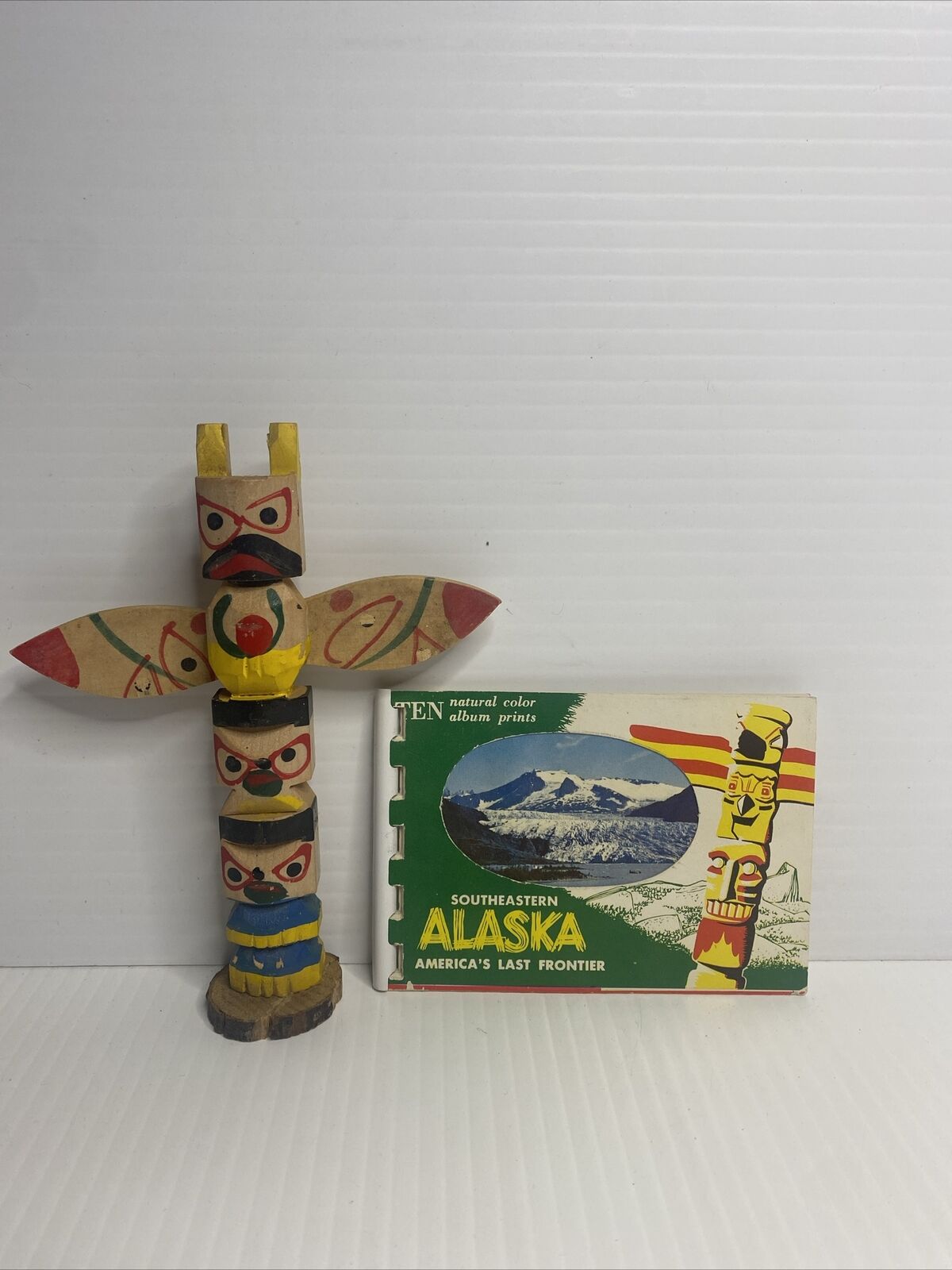 Vintage Alaska Souvenir Mini Postcard Book 1968 & Wood Painted Totem Pole Toy