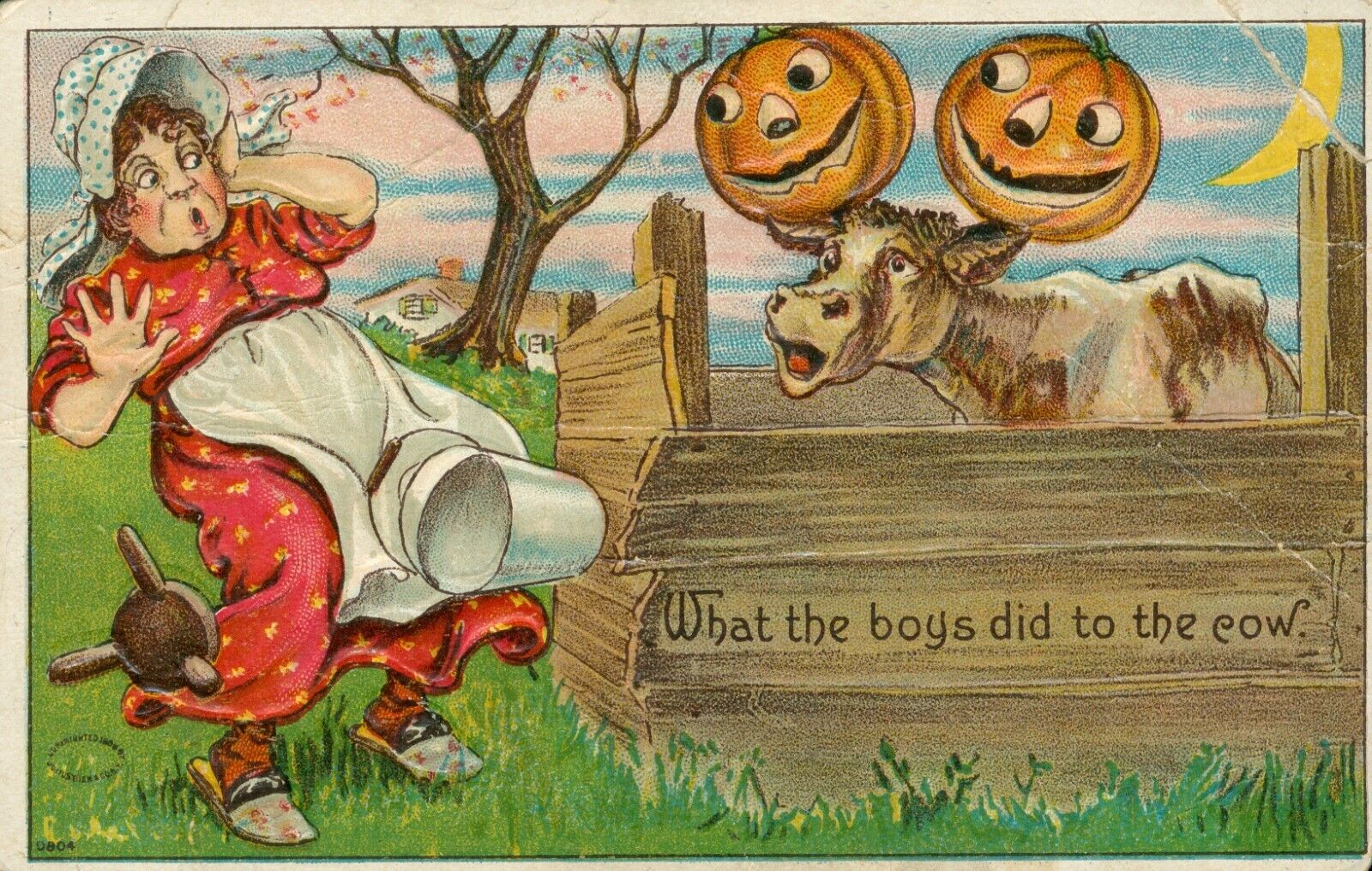 Julius Bien 9804~What The Boys Did To The Cow Halloween Postcard~Antique~c1909