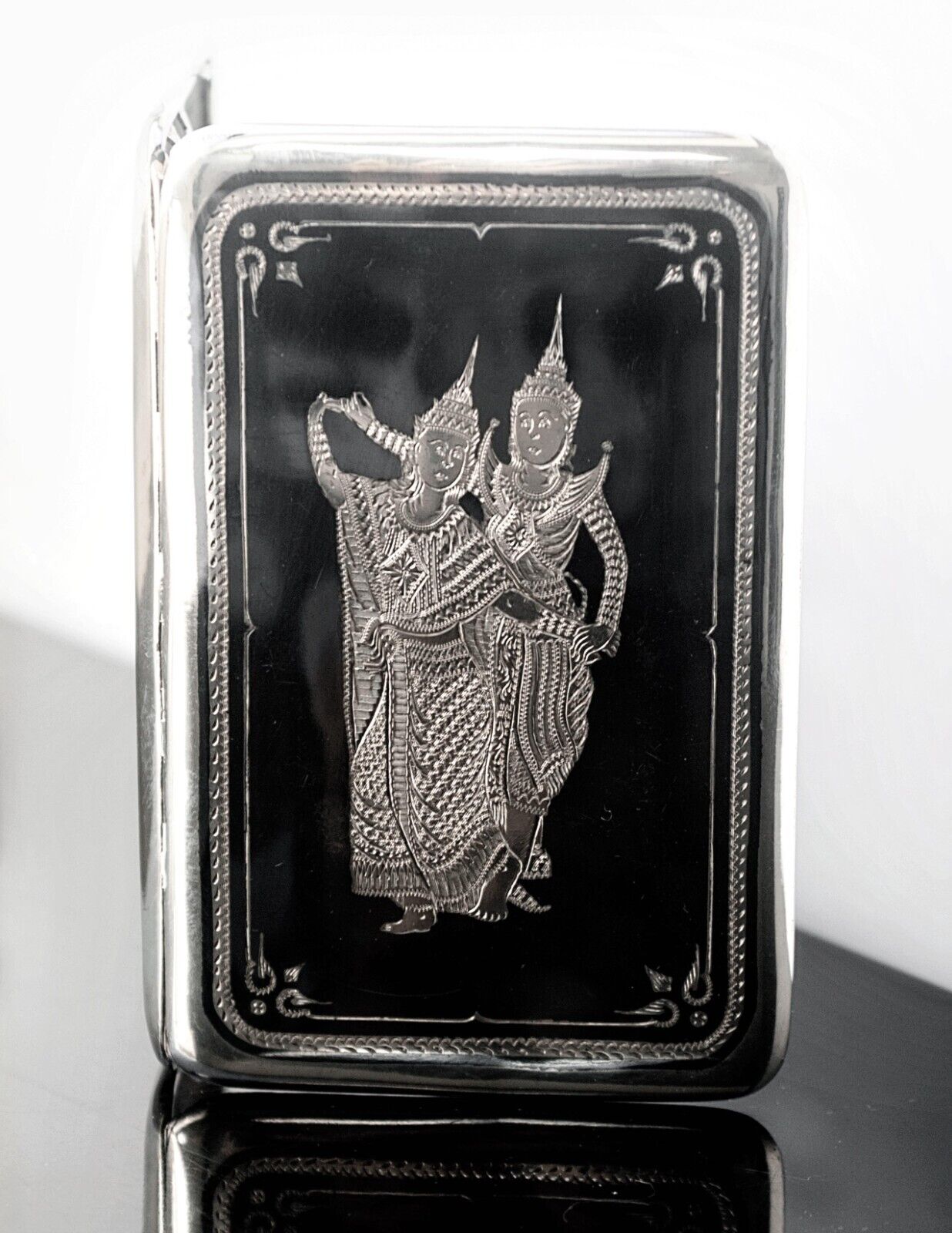 Vintage Siam Niello Silver Cigarette Case 2 Dancers Unsigned or Illegible Mark