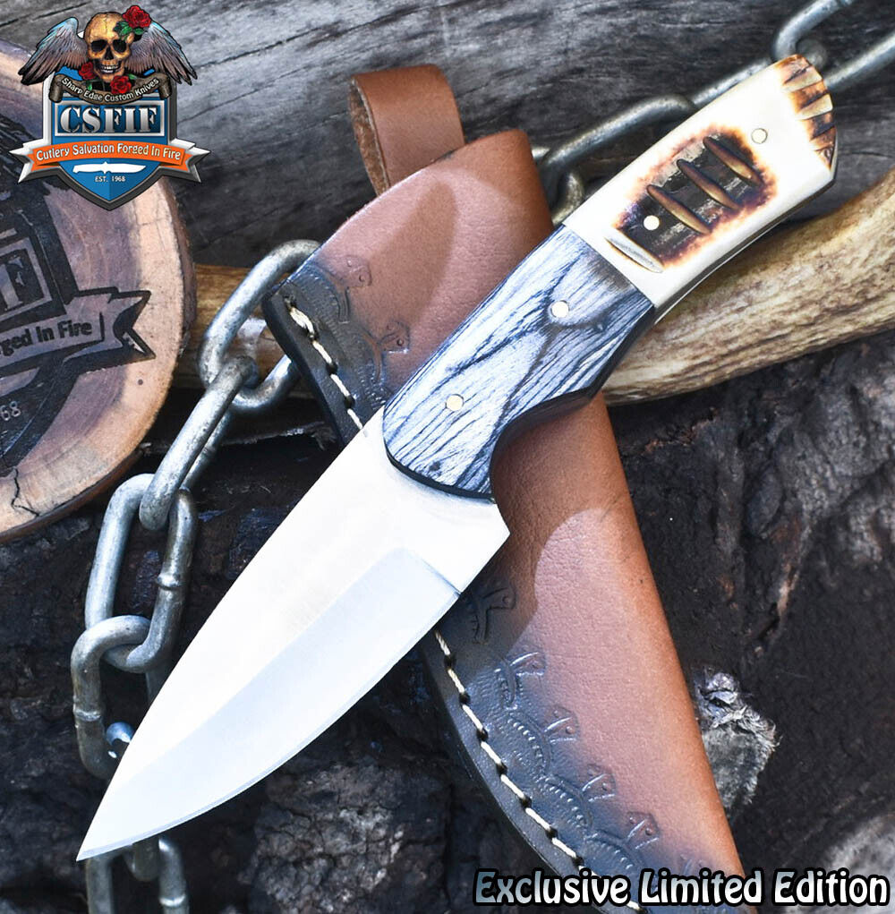 CSFIF Hand Crafted Skinner Knife ATS-34 Steel Bone Wooden Bolster Sports