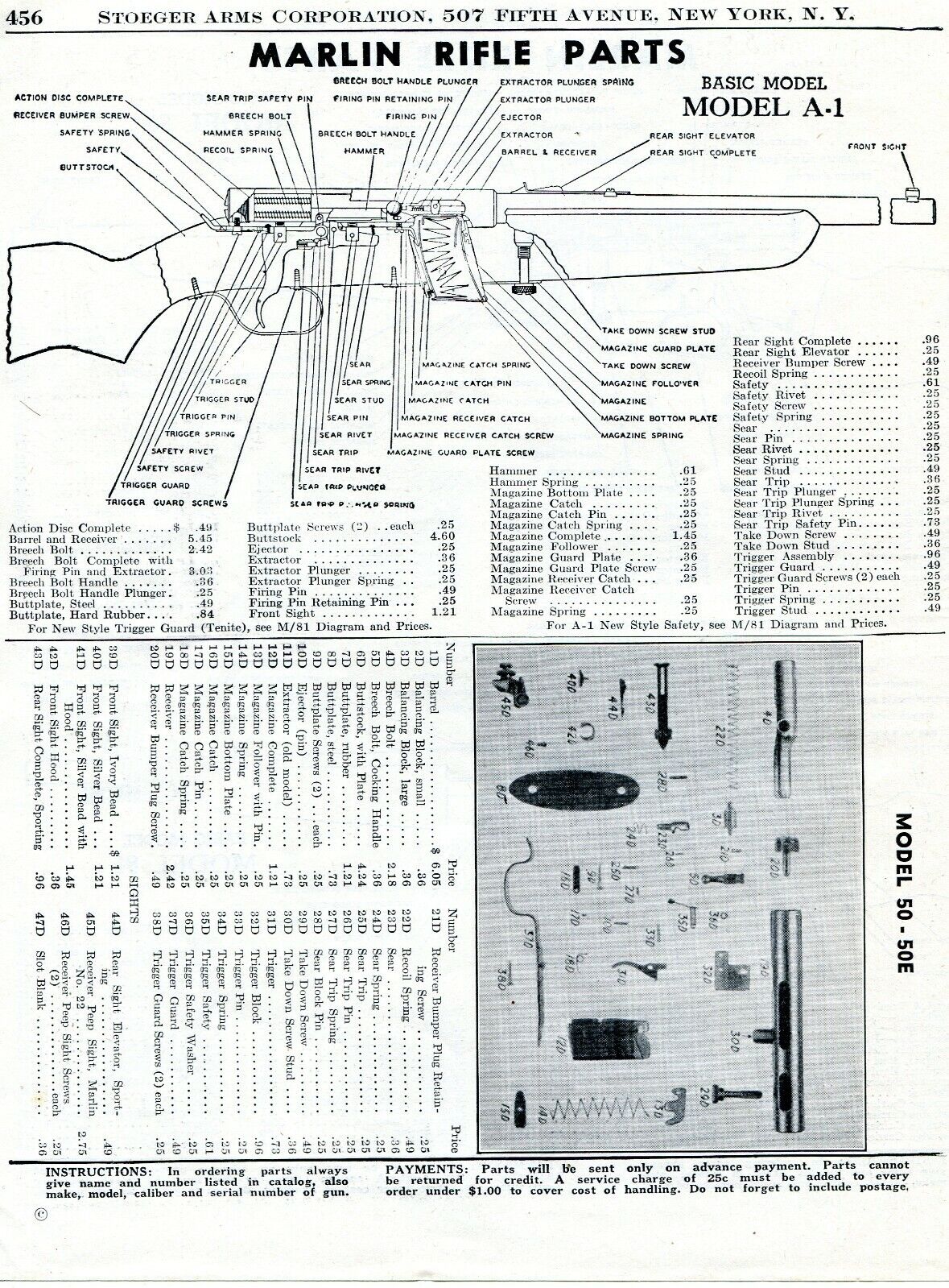 1946 Print Ad of Marlin Model A-1 A1 50 50E Rifle Parts List