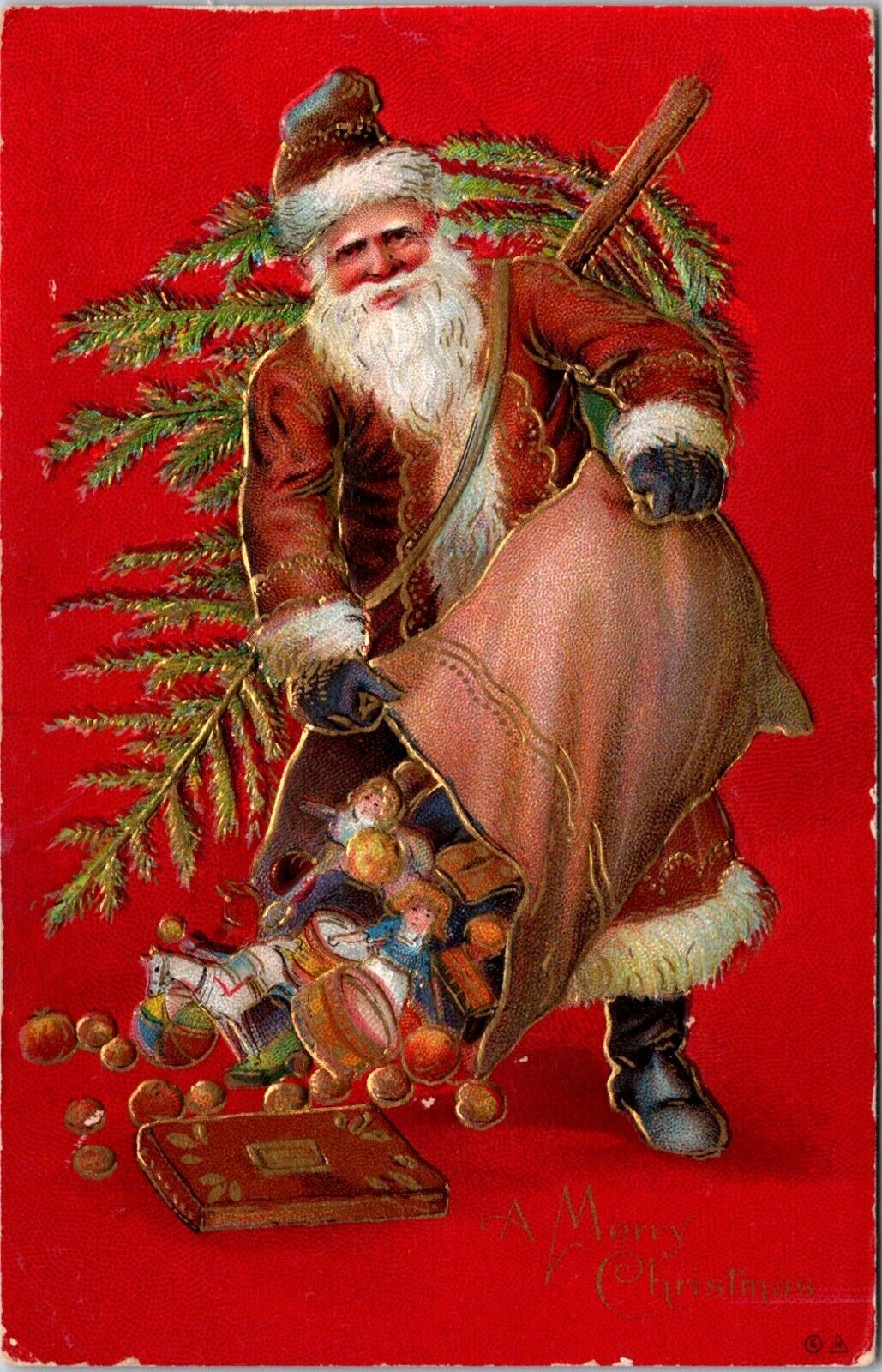 Christmas Santa Claus Empty Bag Toys Tree Robe Fur Gold Gilt Emboss postcard P1