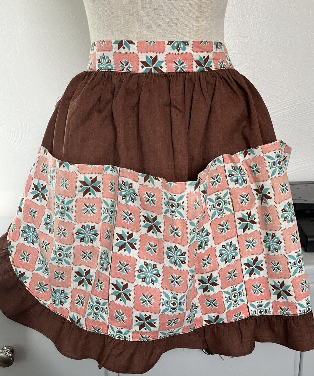 Vintage Handmade Cotton Apron With Pockets Pleated Brown Pink Teal - As Is