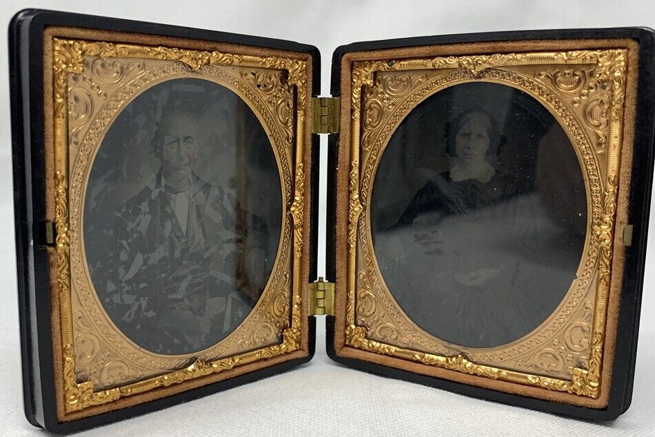 Dual Ambrotype 1/6 Plate Couple Touched Up Cheeks, Ring Littlefield Parsons Case