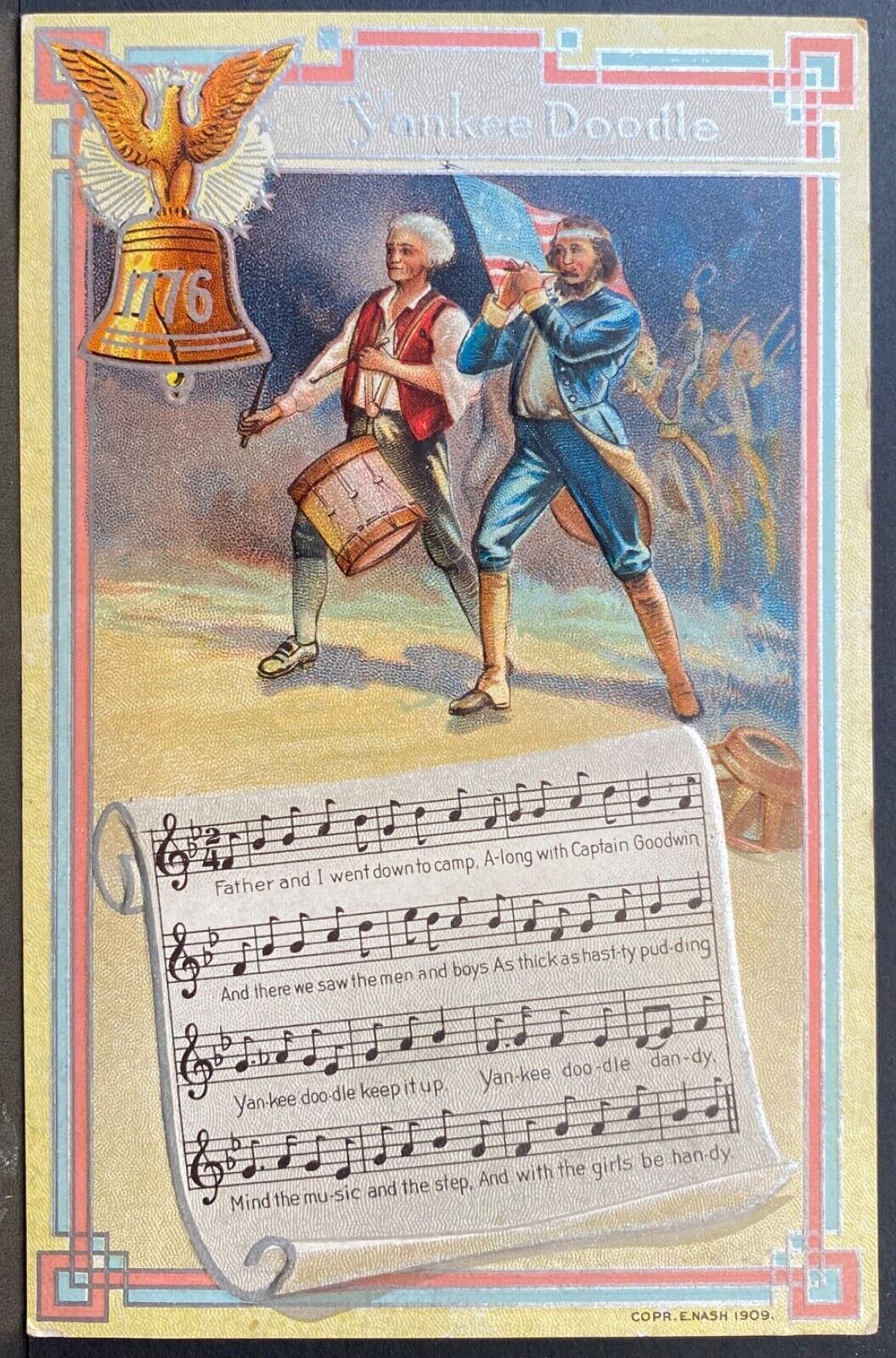 SONG SERIES PATRIOTIC POSTCARD YANKEE DOODLE~Sheet Music~Fife Drum USA Flag~1776
