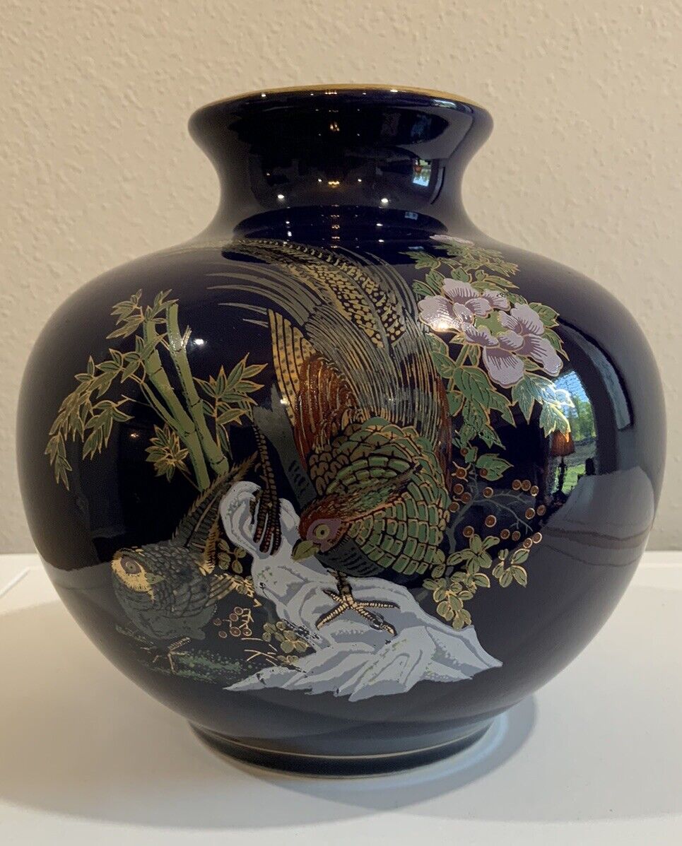 Vtg Japanese Royal Blue Gold Floral Botanical Pheasant Bamboo Ginger Jar Vase