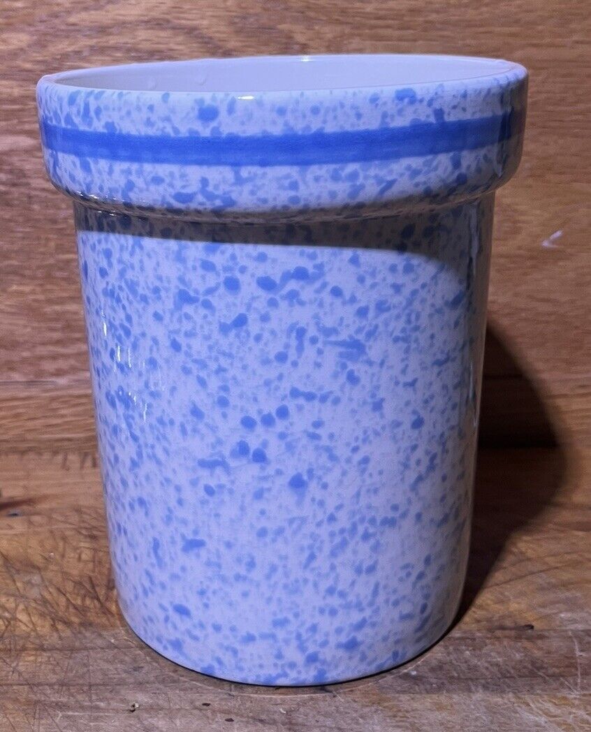 Vintage Blue Spongeware Pottery Crock Utensil Crock
