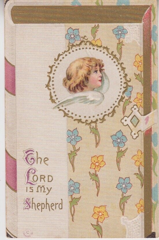 THE LORD IS MY SHEPHERD. Angel, Flowers. c.1911  Postcard by J. Herman # M-564