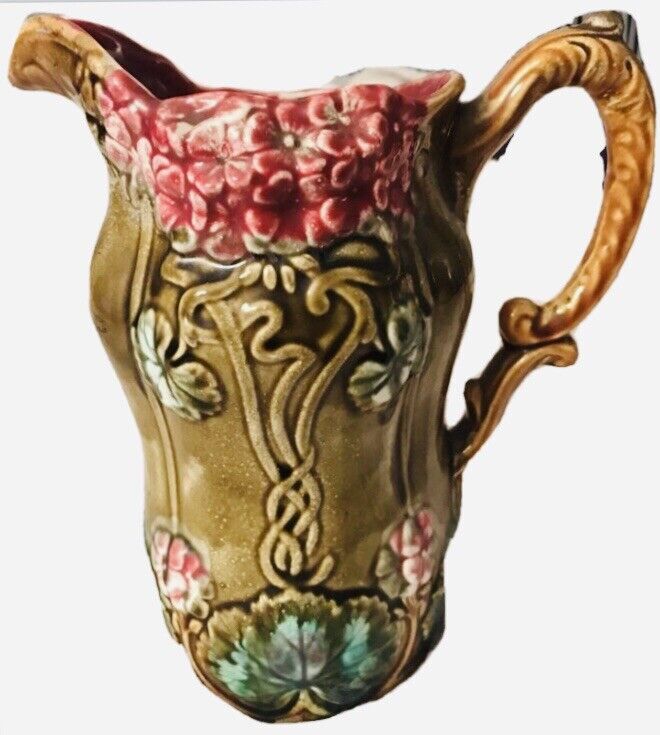 ANTIQUE FRIE ONNAING MAJOLICA PITCHER WITH FLOWERS POTTERY FRANCE # 758 RARE
