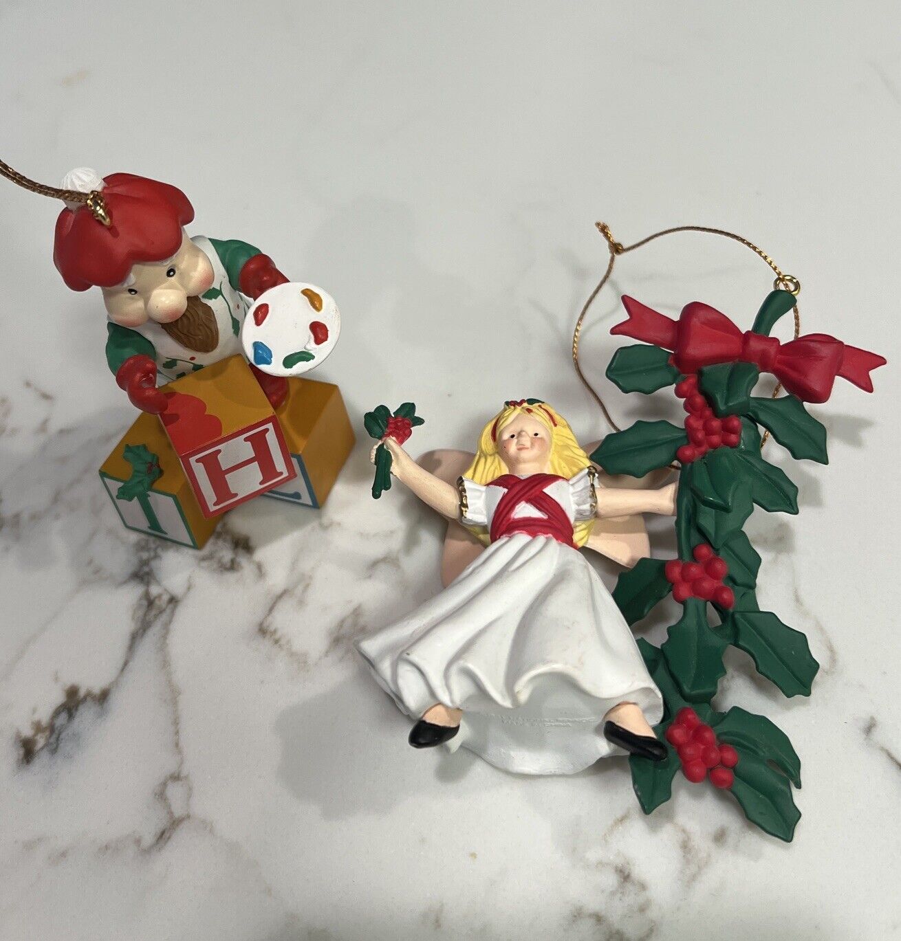 Vintage National Rennoc Christmas Ornaments (2) Angel, Elf Painting Blocks 1991