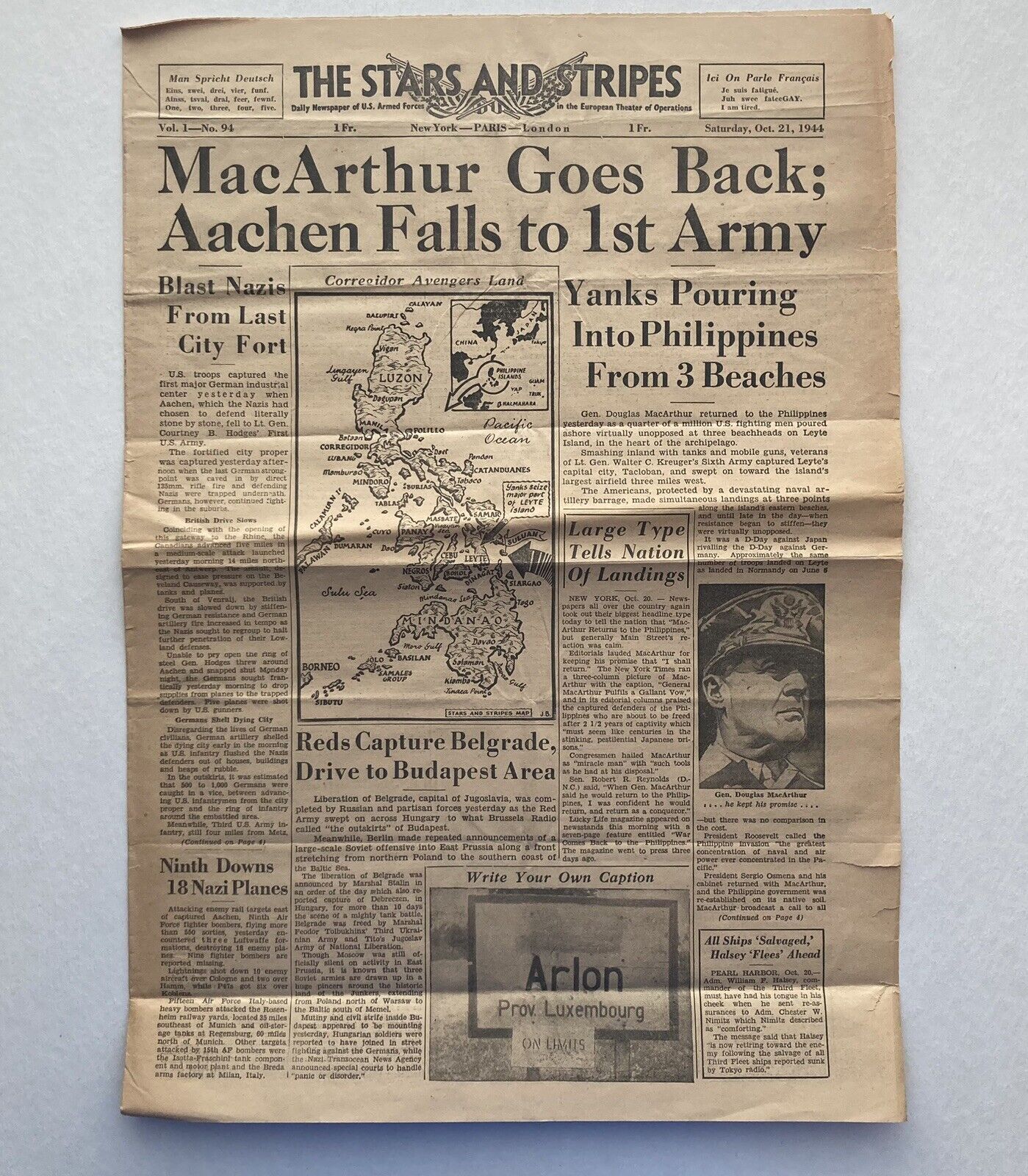 WW2 The Stars And Stripes 10-21-44 MacArthur Goes Back Vol 1 #94 NY-Paris-London