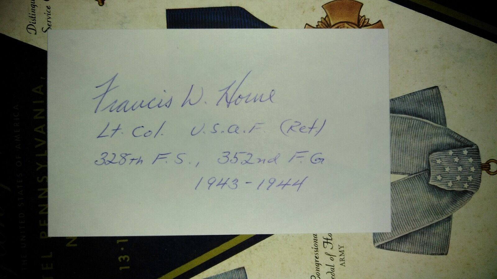 WWII Ace Lt. Col. FRANCIS W. HORNE, 5Vs 328th FS 352nd FG Signed 3x5 VERY SCARCE