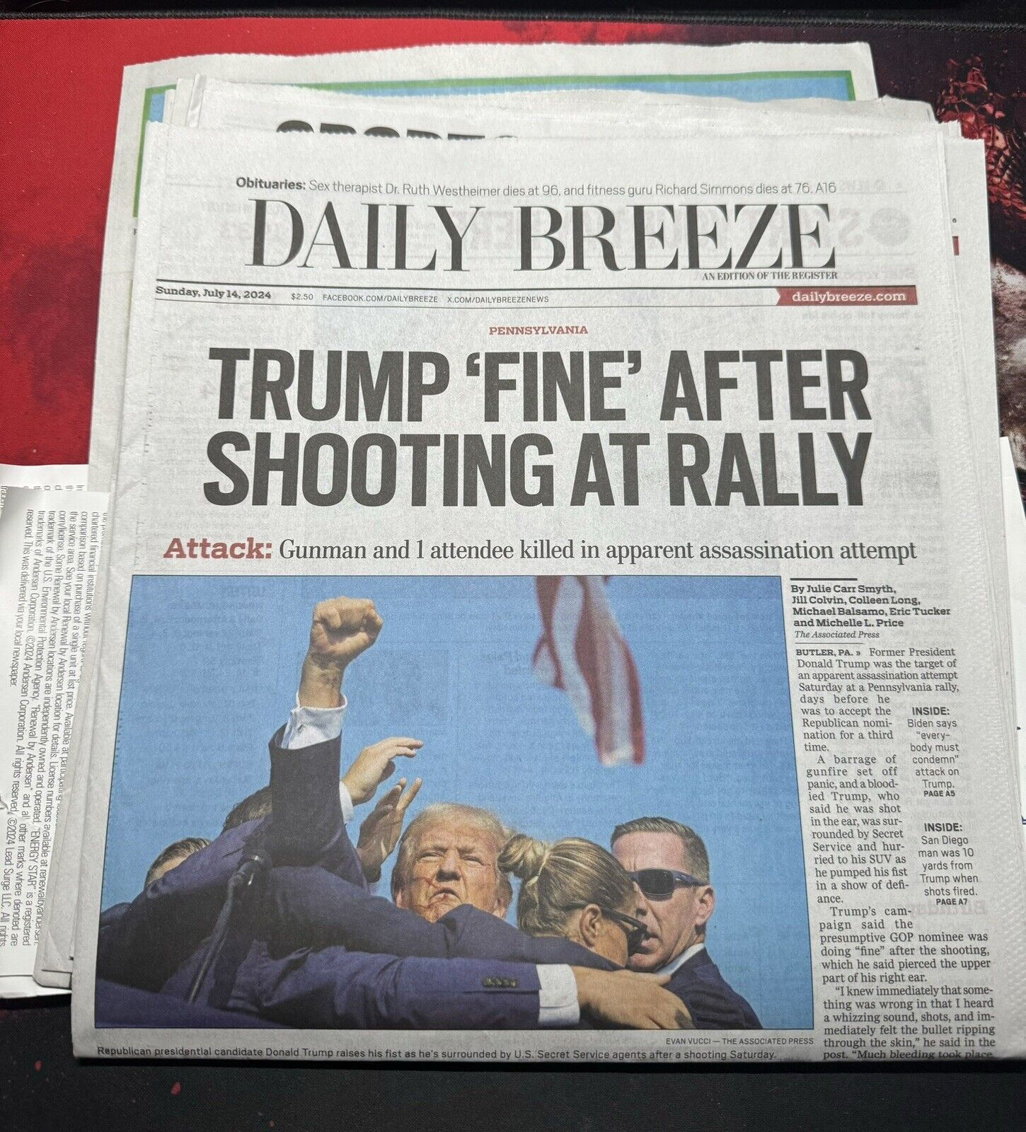 Daily Breeze Trump Attempted Assassination Newspaper  7/14/2024 