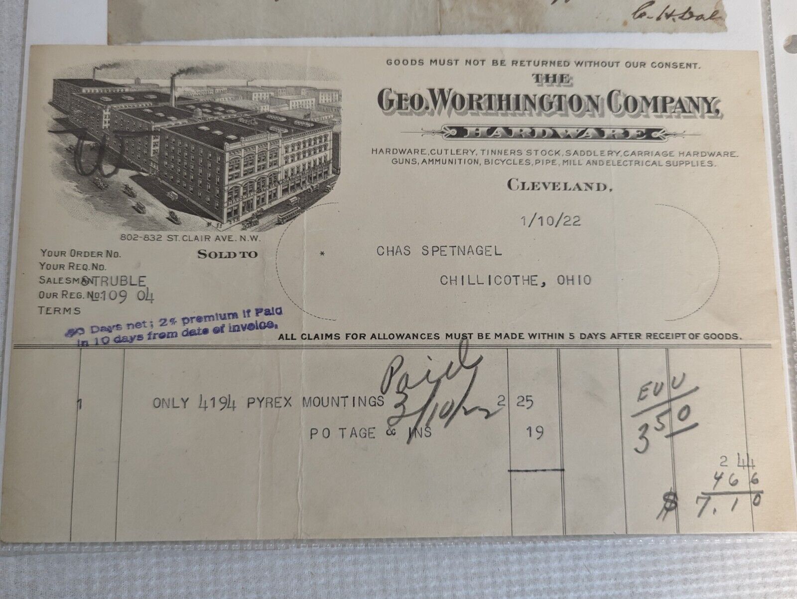 1922 George Washington Co. Harvard Goods Reciept Cleveland Ohio Vintage Rare +