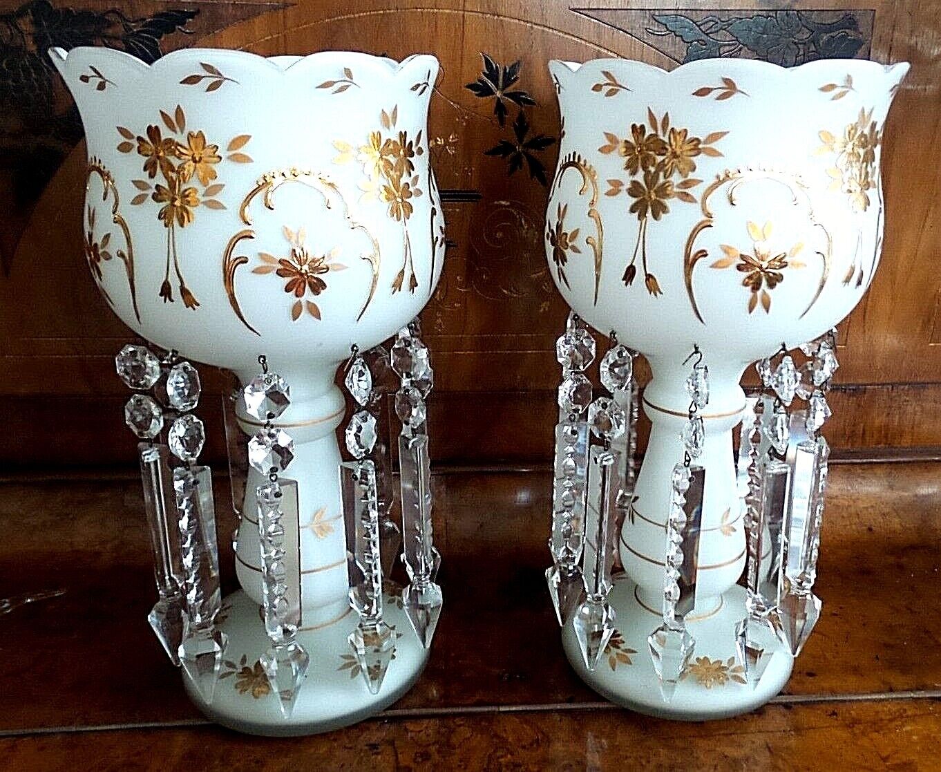 TWO WHITE CASED LUSTRES GOLD CRUSTED FLORAL DESIGN 10 CRYSTALS EACH