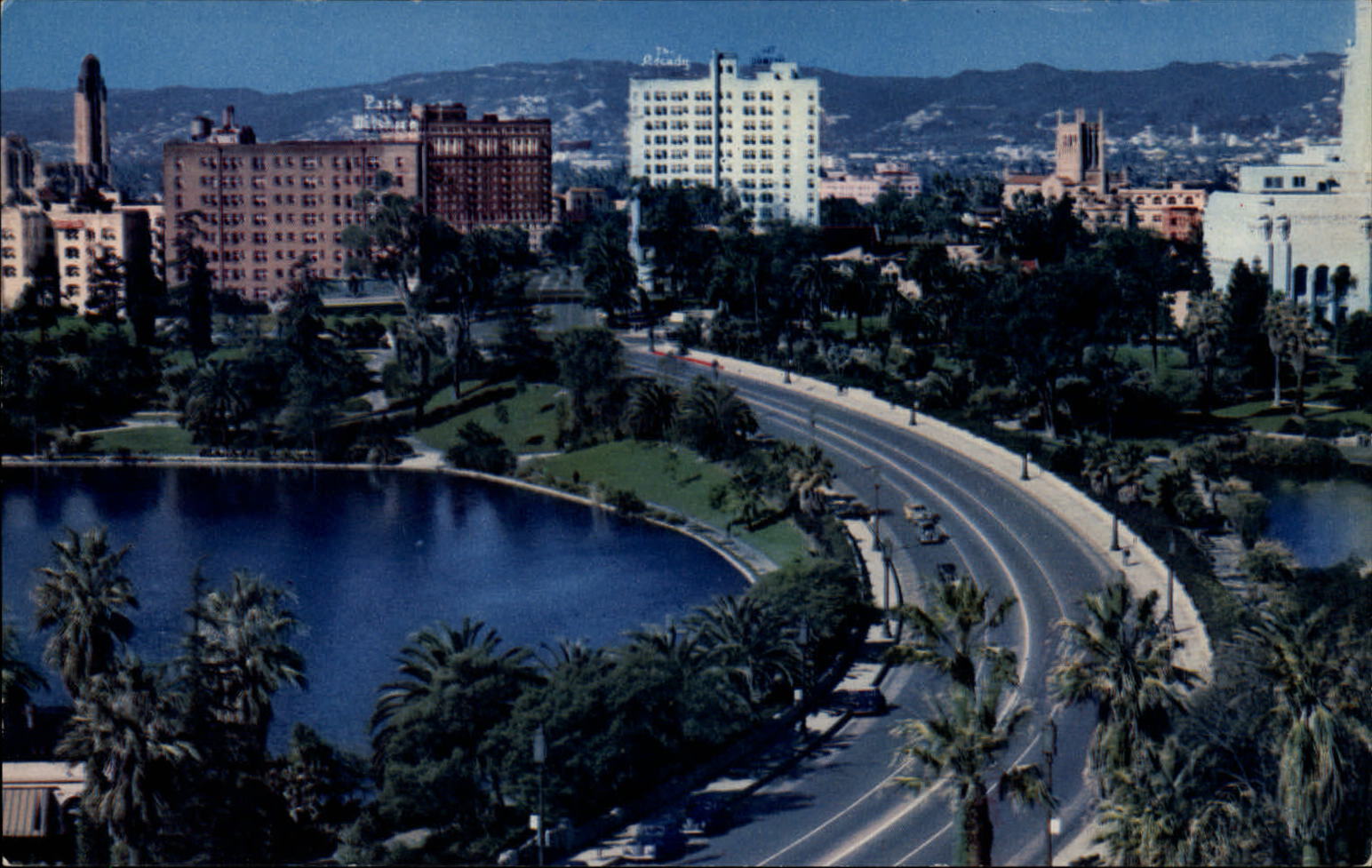 MacArthur Park Los Angeles California aerial view ~ 1950s-60s vintage postcard