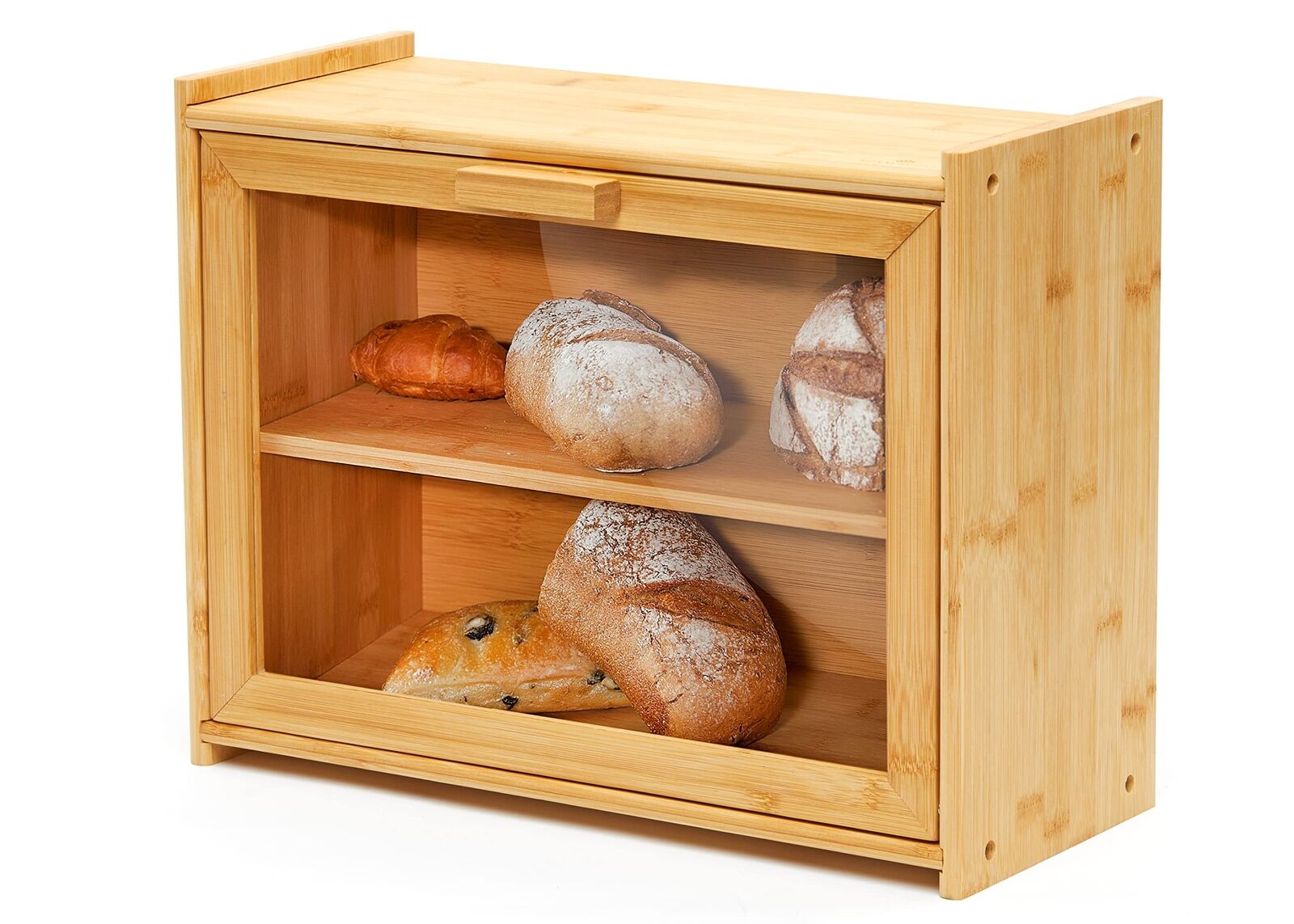 Premium Bamboo Double Layer Bread Box With Clear Window Bread Storage And Organi
