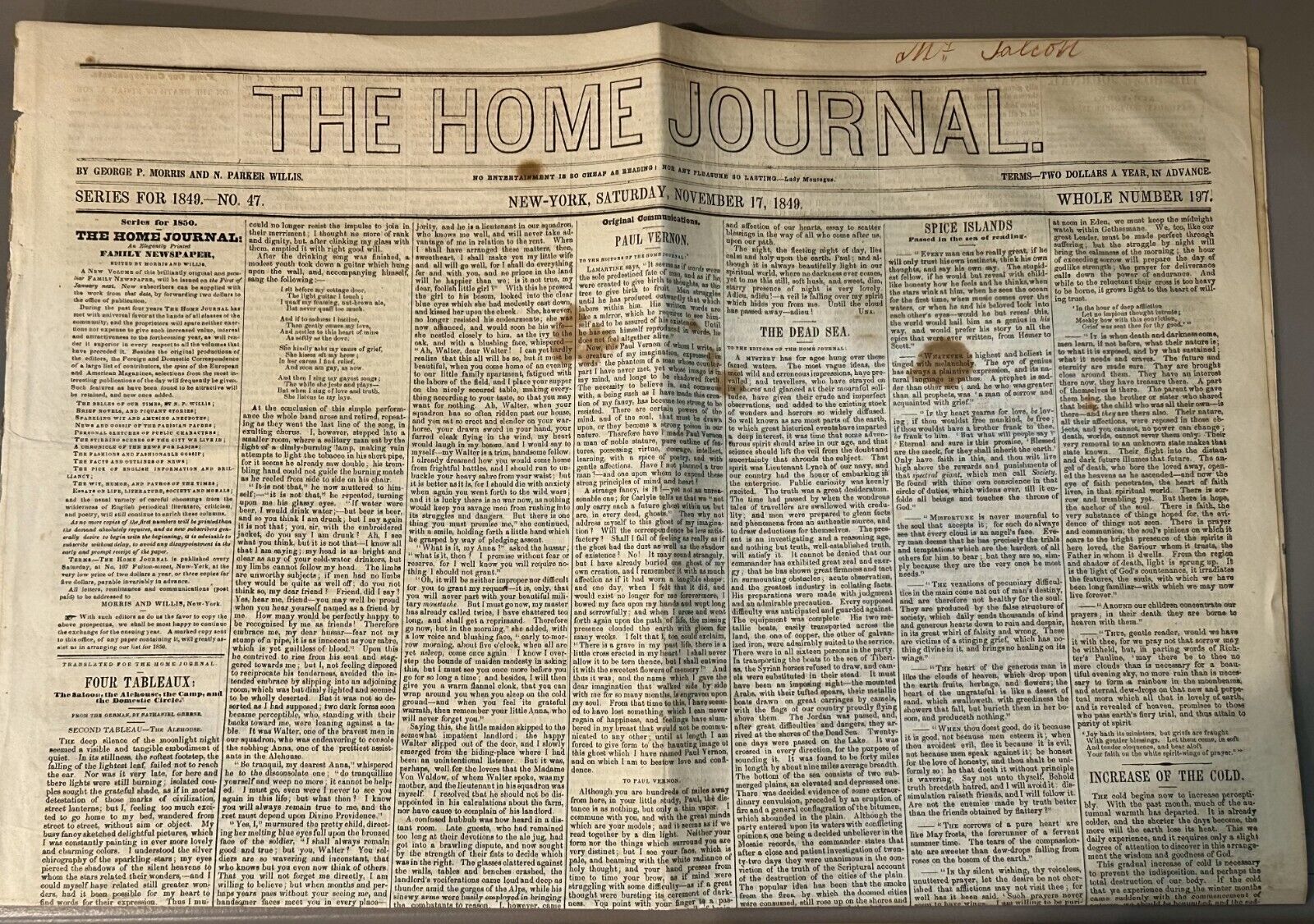 The Home Journal - November 17, 1849 - New York Poetry, Advertising, Stories