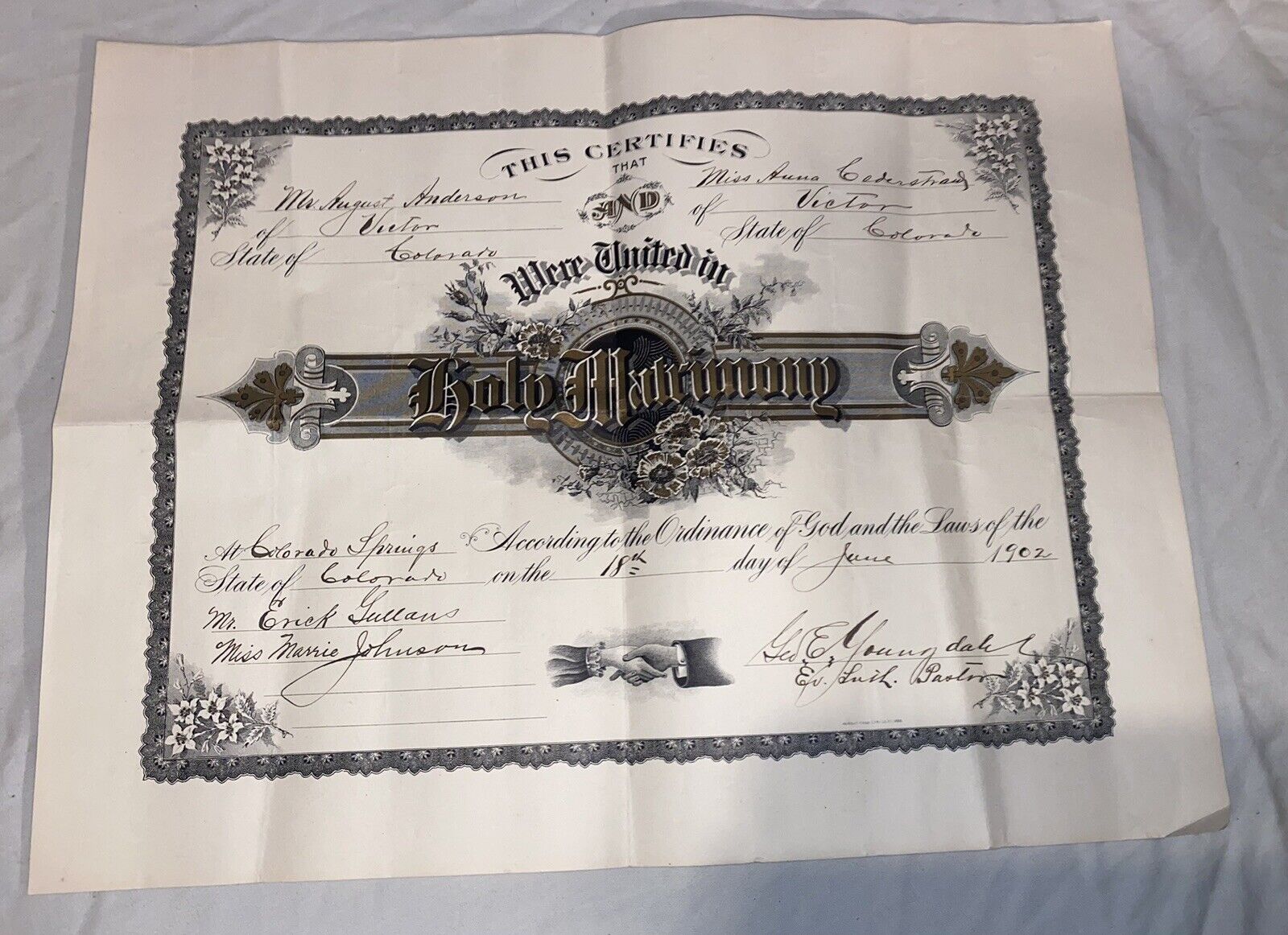 Antique 1902 Victor Colorado Marriage Certificate License Large Holy Matrimony