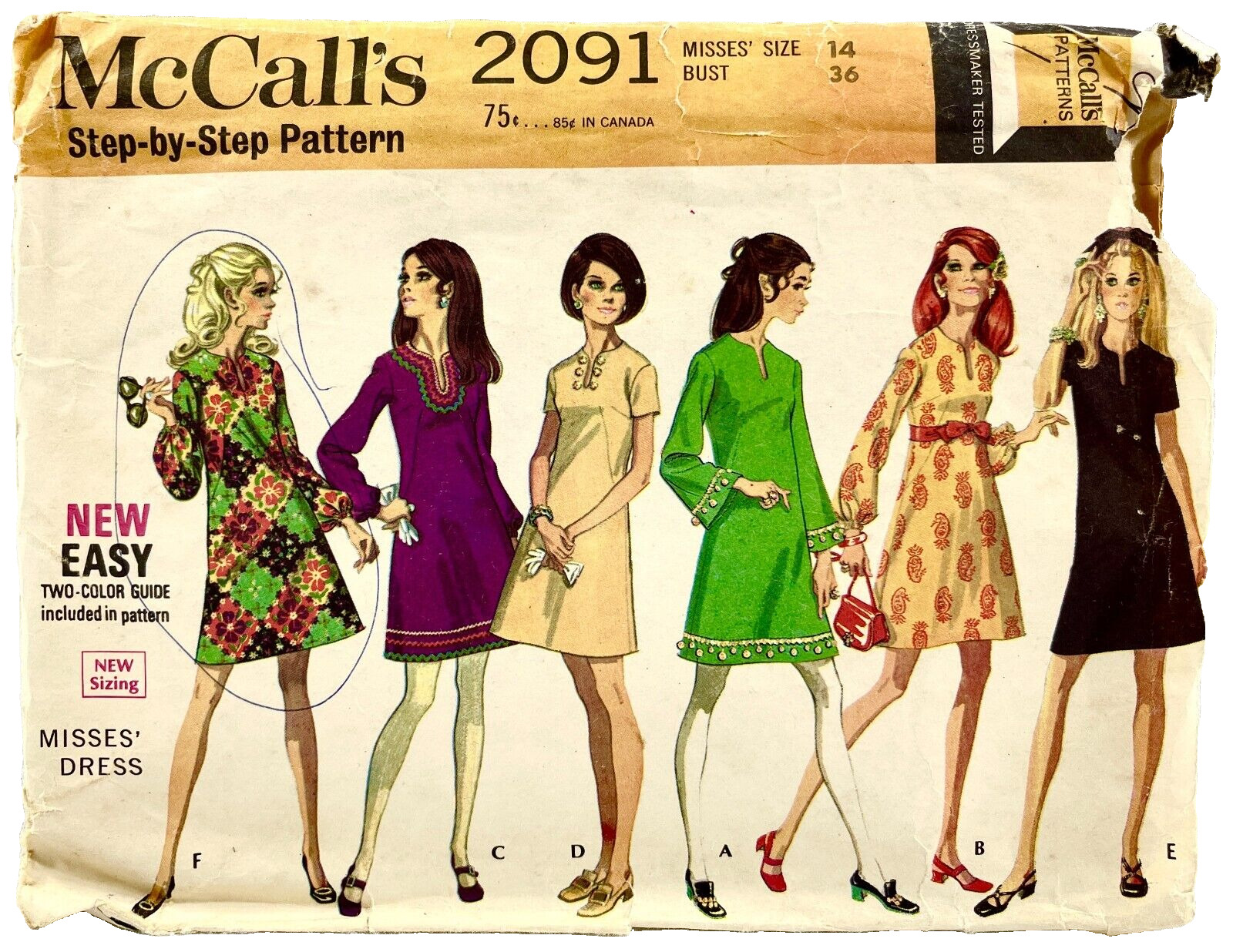 1969 McCalls Sewing Pattern 2091 Womens Dress 6 Styles Size 14 Vintage 14644