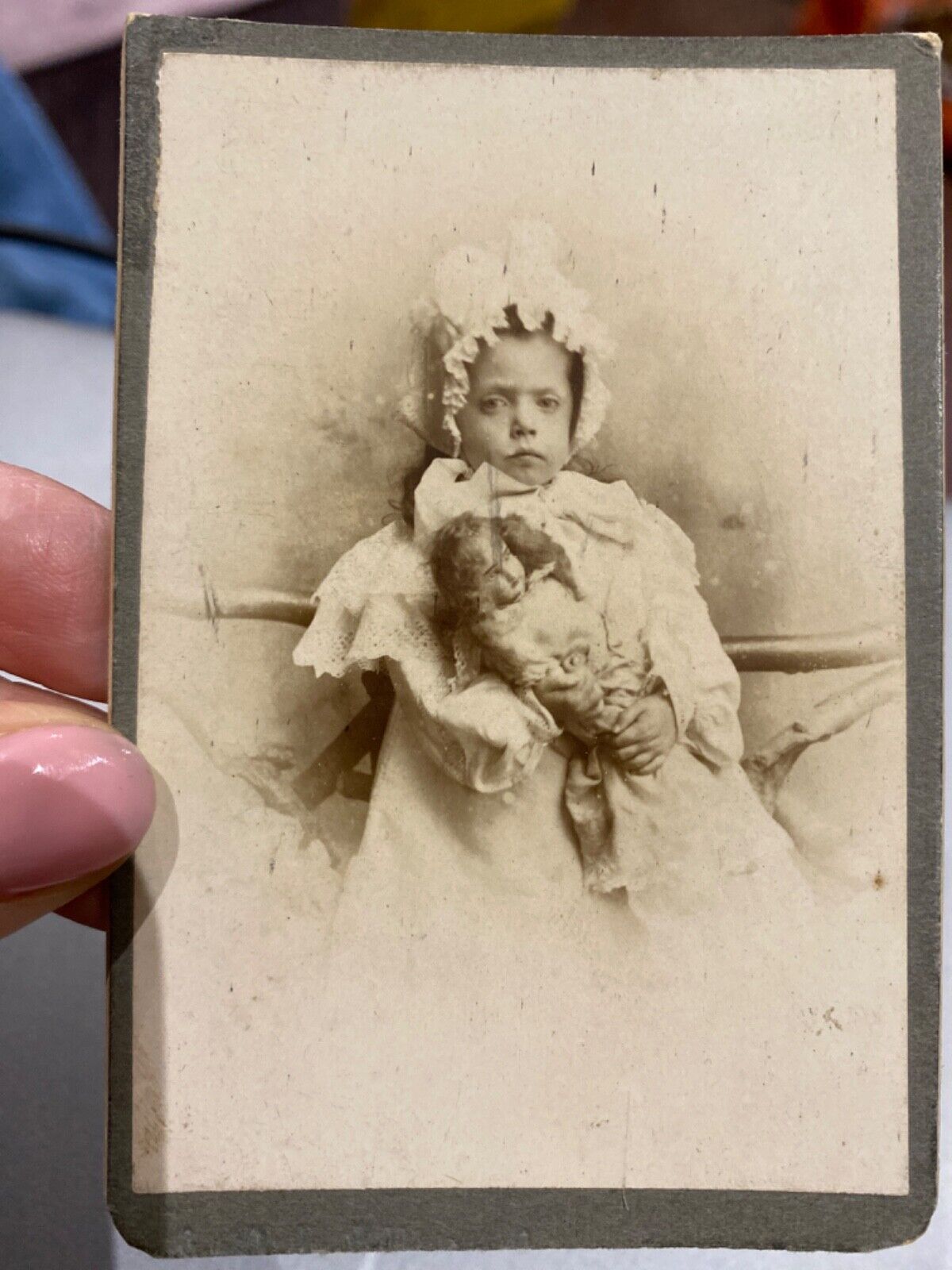 antique Victorian cdv photo glum little girl with a doll Constance Moore  