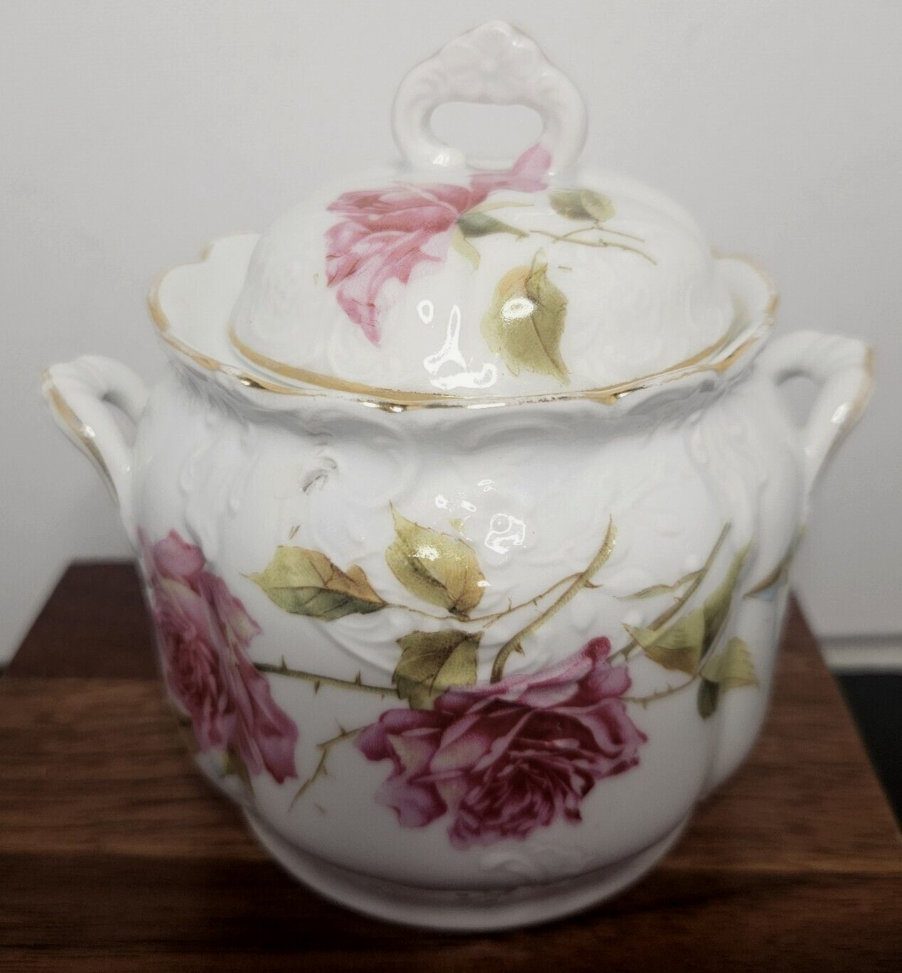 Vintage SILESIEN Porcelain China Lidded Sugar Bowl Flowers Pink Roses Gold Trim