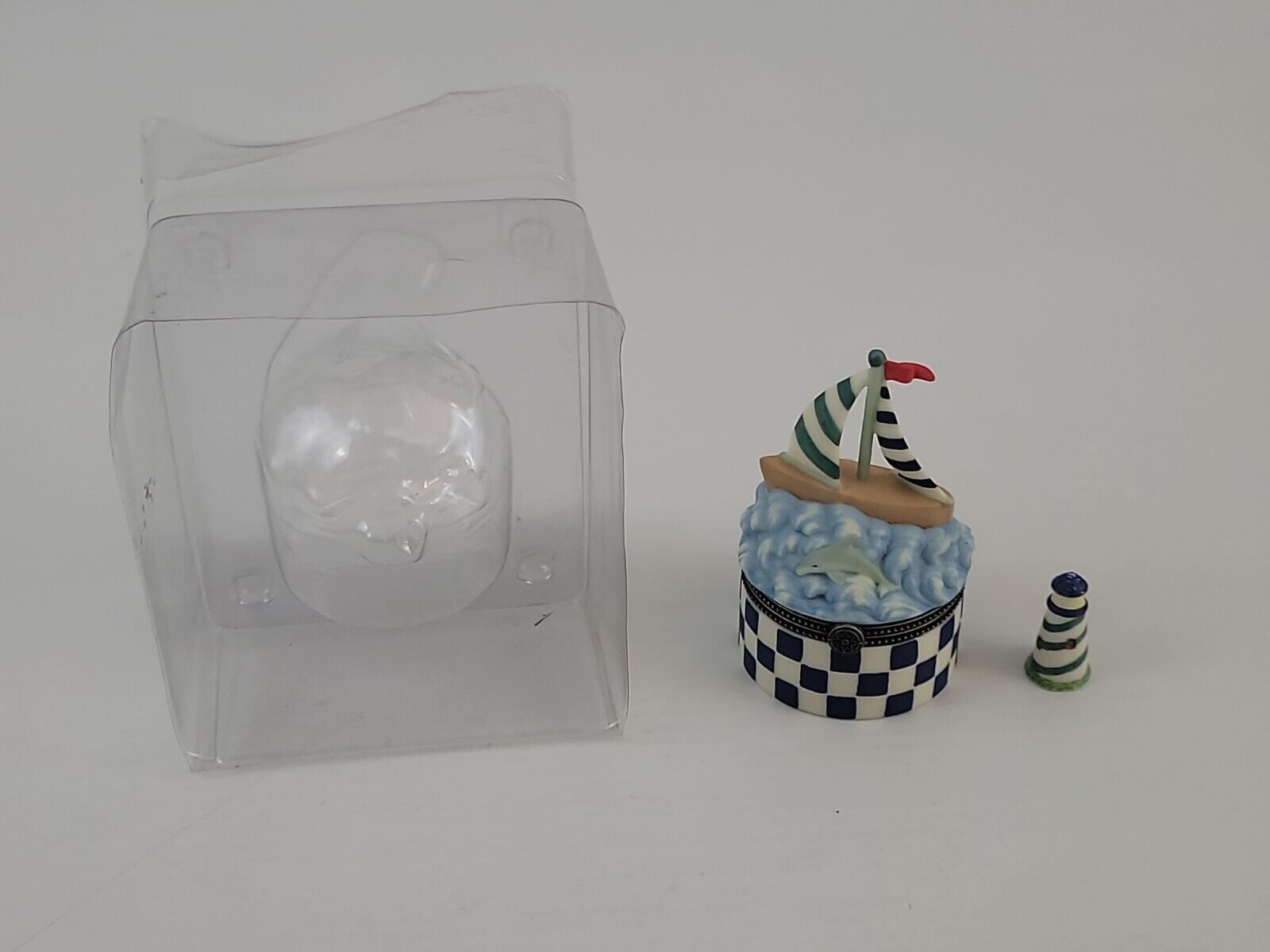 Vintage Pfaltzgraff Porcelain Trinket Box With Sailboat Dolphin Scene Lighthouse