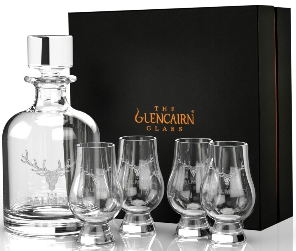 DALMORE Whisky GLENCAIRN Lead-Free Crystal IONA Decanter w/ 4 Dalmore Glencairns