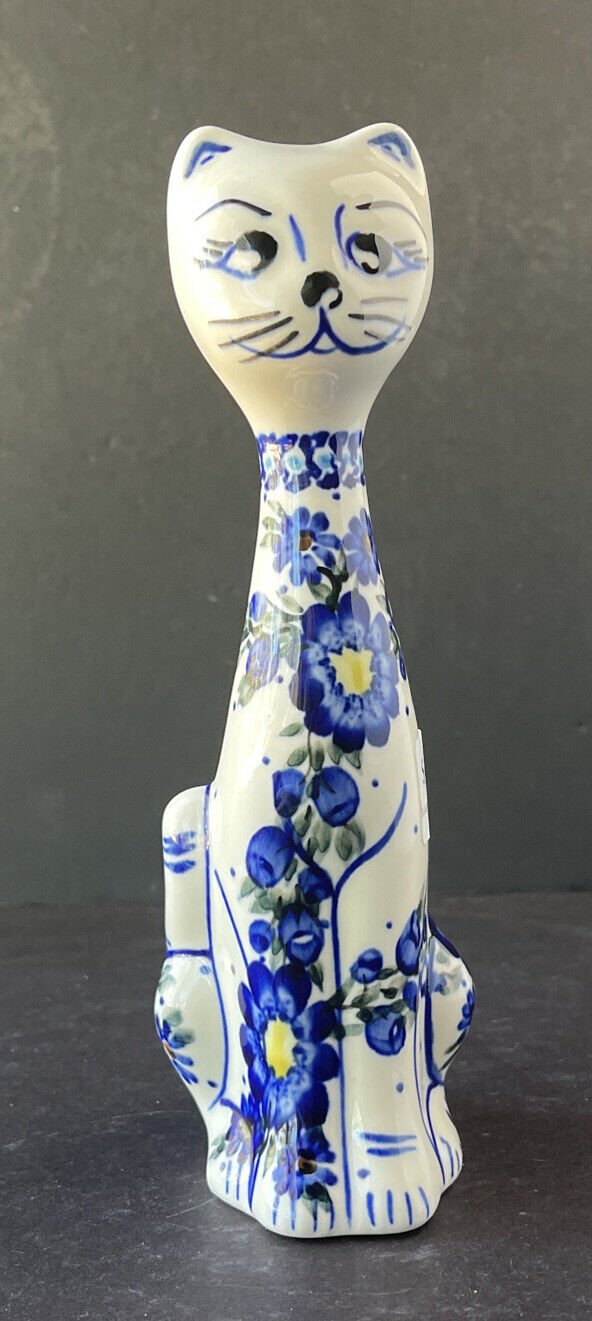 Polish Hand Painted Made in Poland Signed Cat Figurine Ceramic Porcelain Floral
