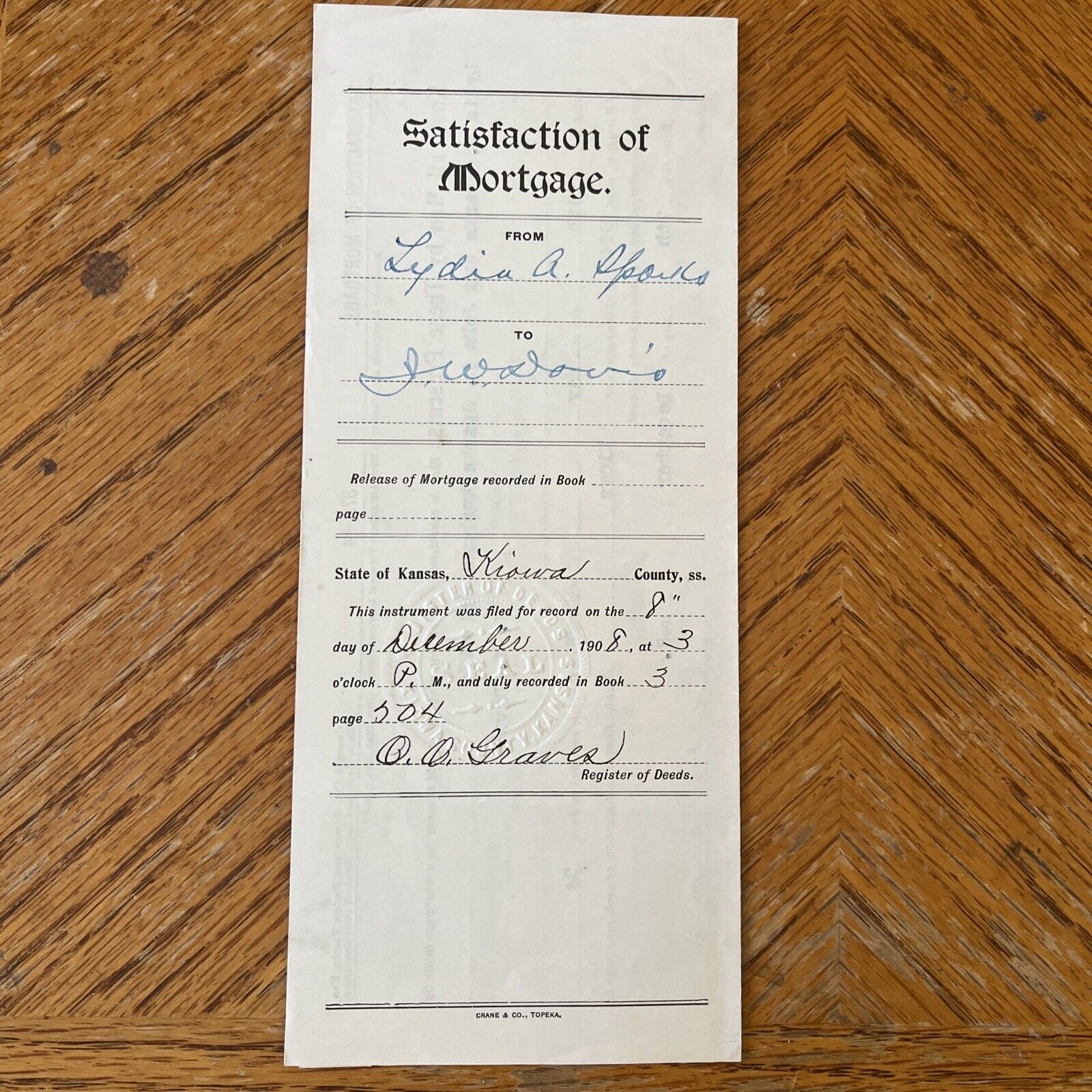 1908 Kiowa County Kansas Satisfaction of Mortgage Document