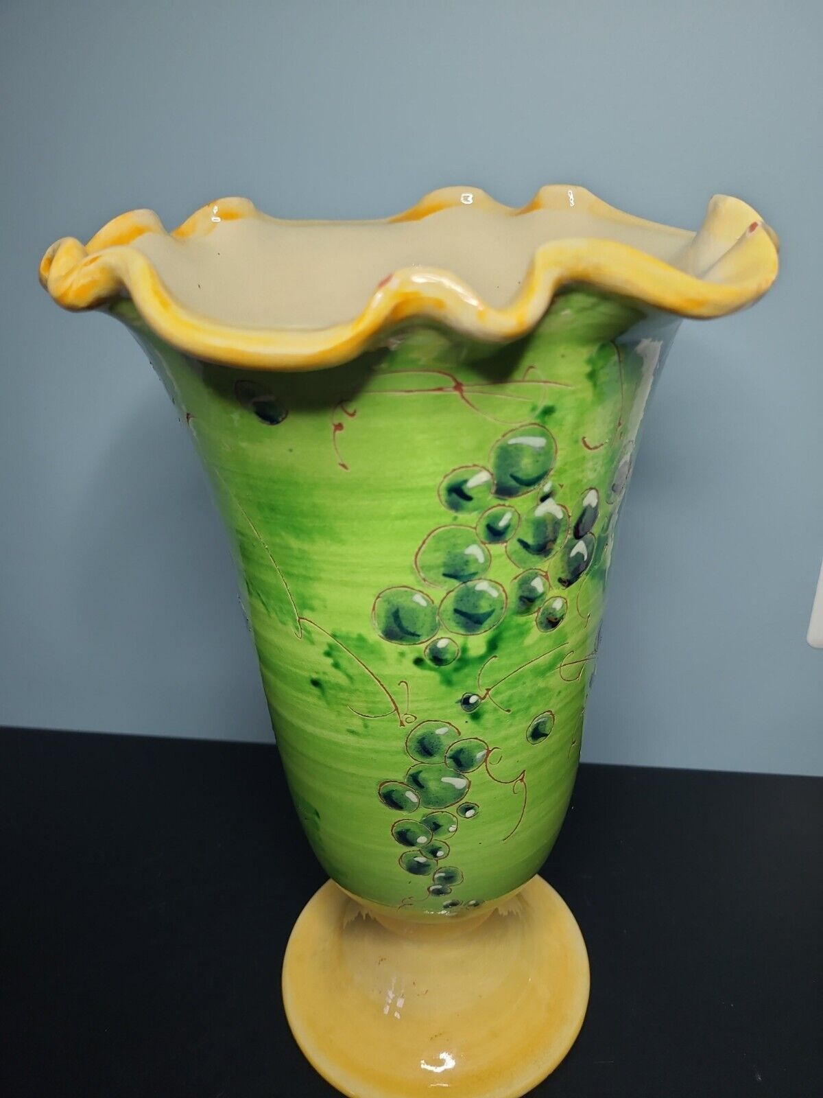Vintage 12.5” Green Yellow Vase -Made in France ? Grapes Theme