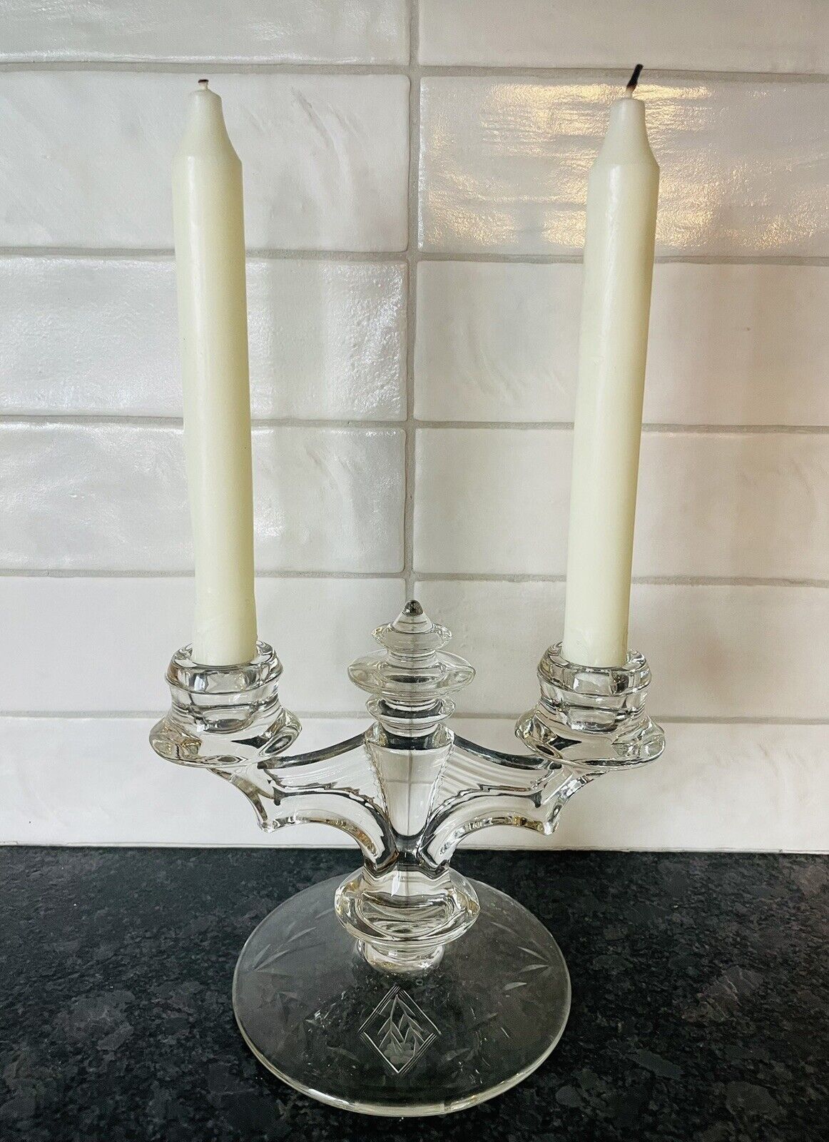 TIFFIN-FRANCISCAN Double Candle Holder Web Wing Clear Glass Vintage