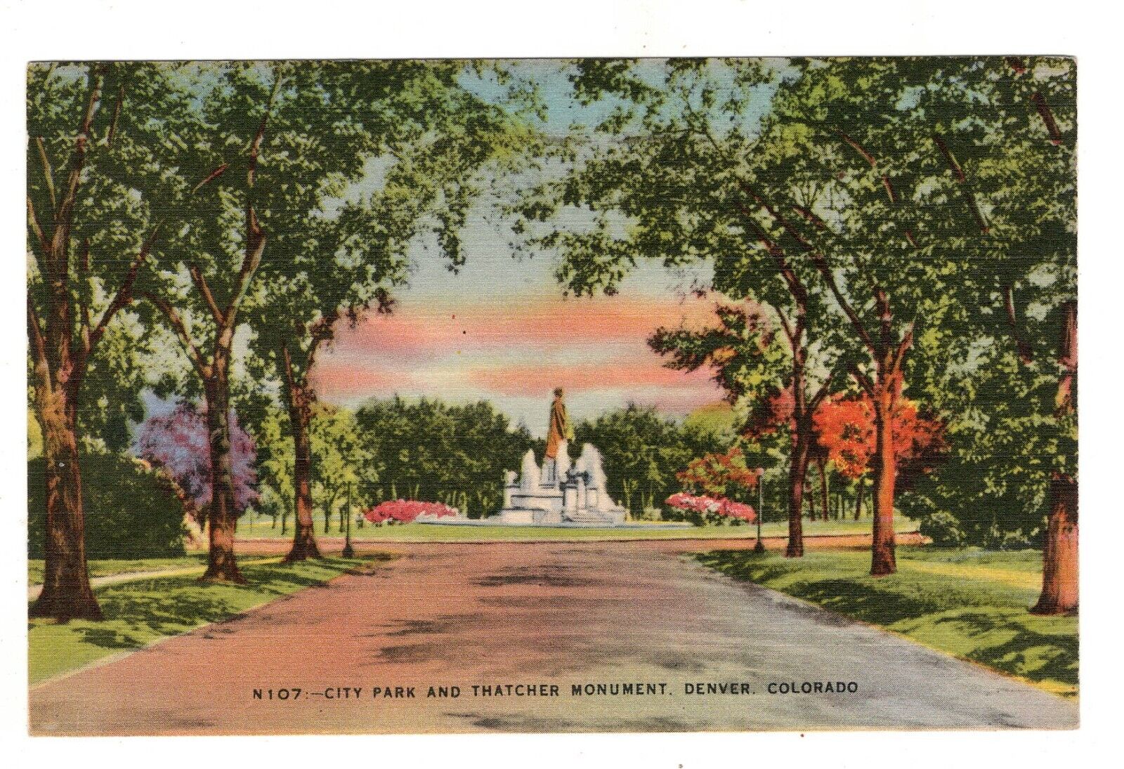 Denver CO City Park and Thatcher Monument  Vintage Postcard