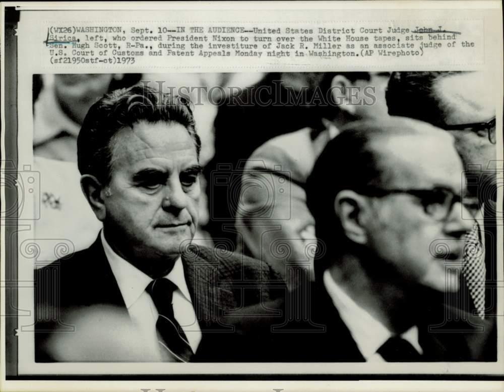 1973 Press Photo Judge John Sirica witnesses investiture of Jack Miller in D.C.