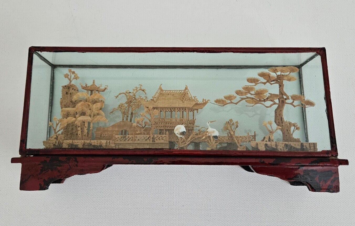 Vintage Chinese Hand Carved Cork Diorama with birds Framed Glass Wood