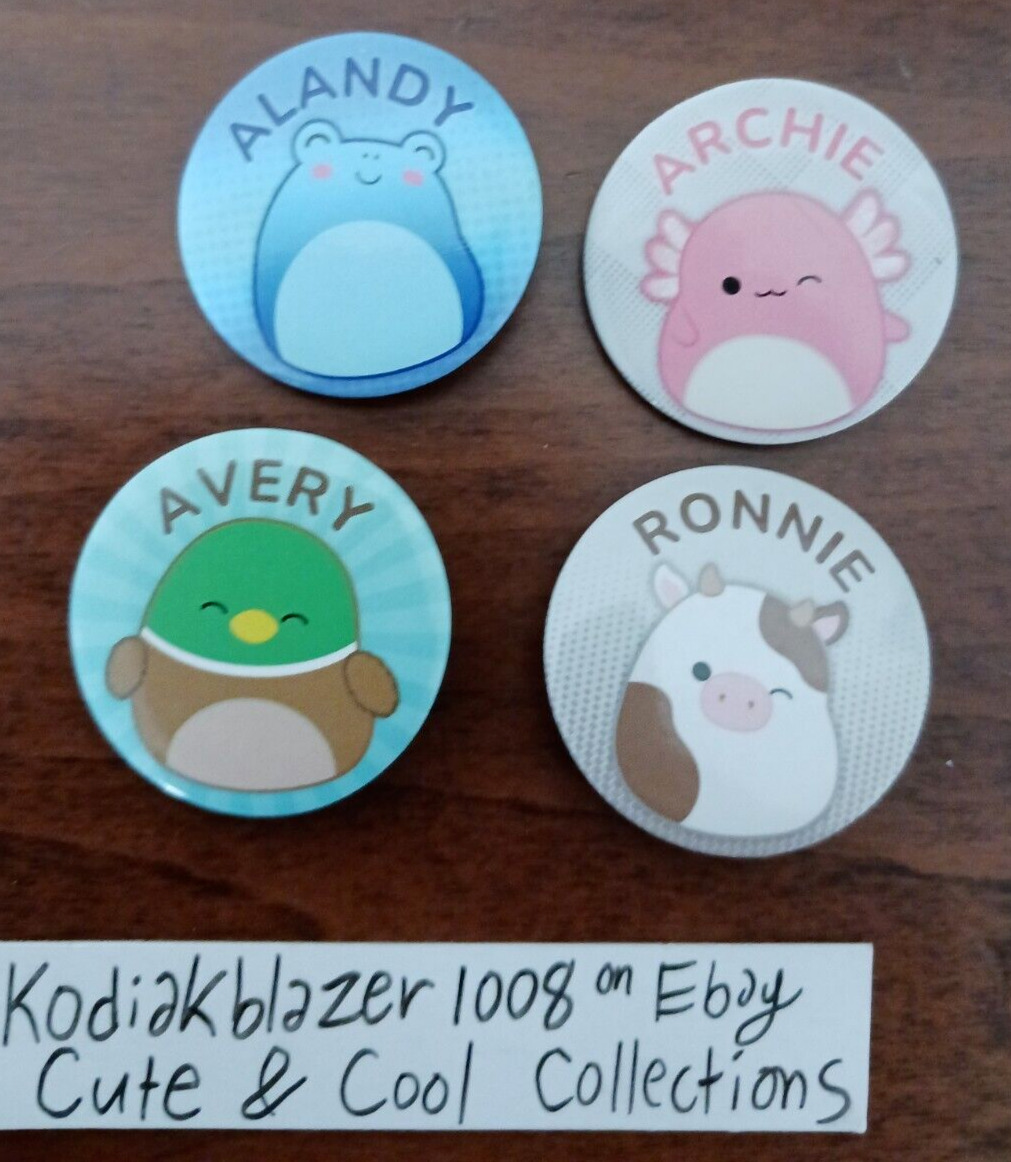 Set of 4 Squishmallow Button Pins Official Avery Duck Ronnie Cow Archie Alandy