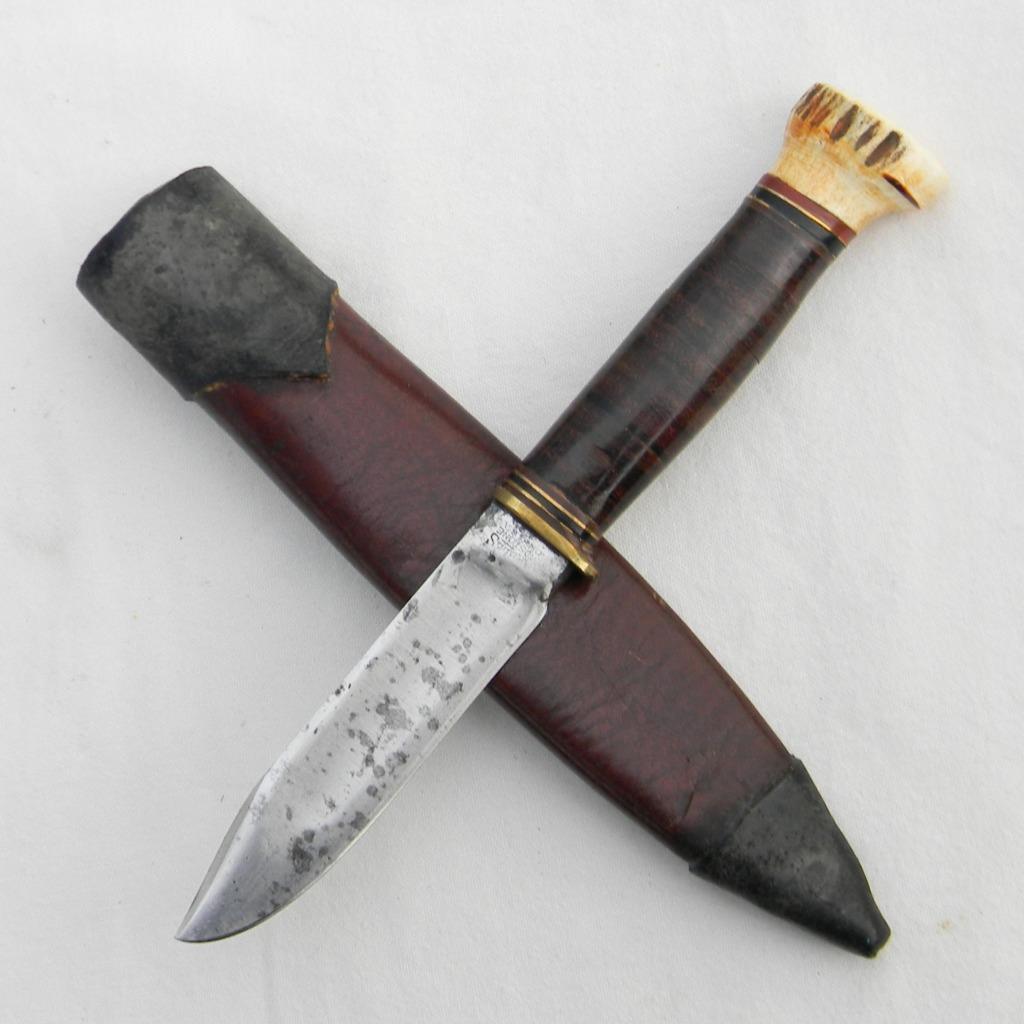 MARBLE\'S USA 1920th 4-inch blade IDEAL knife, stag pommel handle, tubular sheath