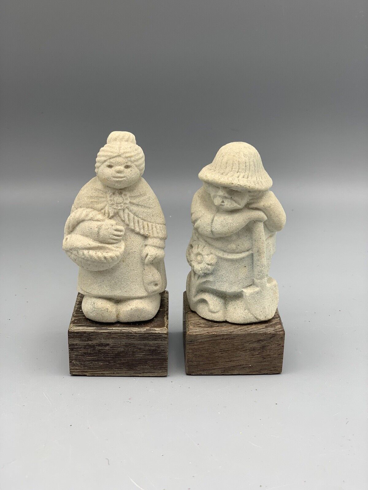 Marbell Stone Art Belgium Rustic Fishing Couple Statuettes Figurine Matched Pair