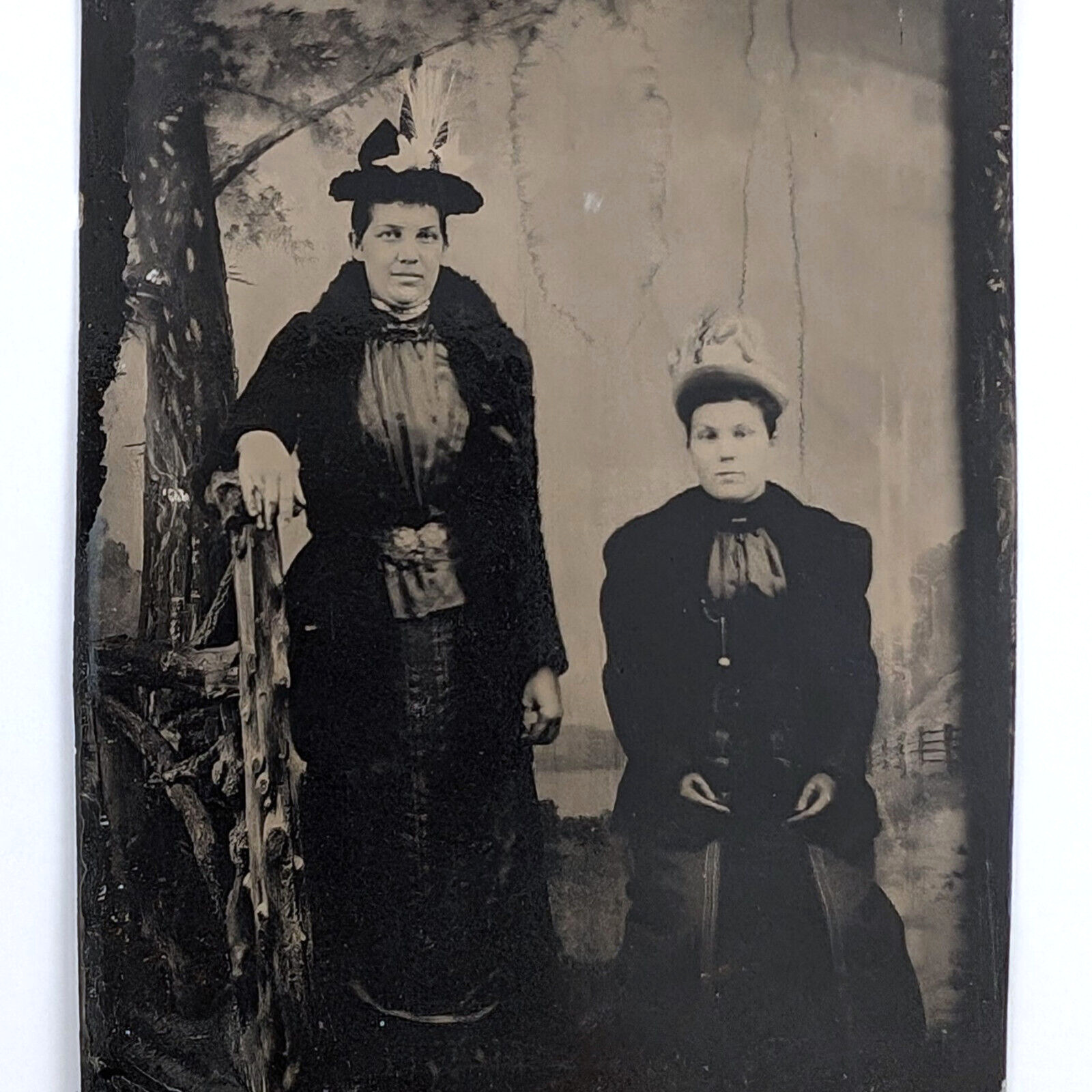 Tintype Photo Women Victorian Fashion Painted Backdrop