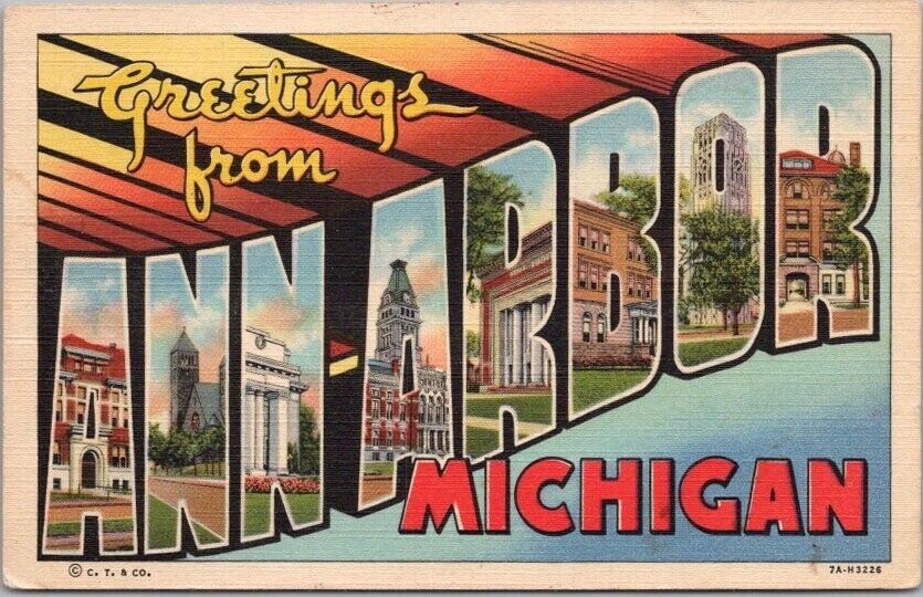 1937 ANN ARBOR, Michigan Large Letter Postcard Curteich Linen *Back Damage