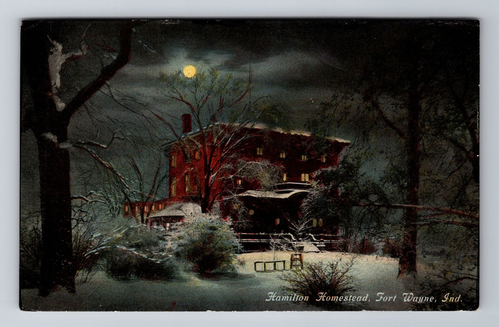 Fort Wayne IN-Indiana, Hamilton Homestead, Moonlight, Antique Vintage Postcard