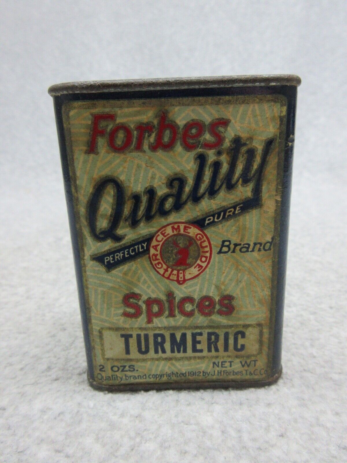 1912 FORBES Turmeric 2 Ounce SPICE TiN, Cardboard Label EXCELLENT  St Louis Mo