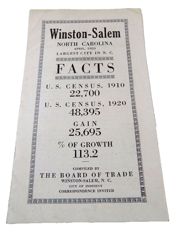 1920 Winston-Salem NC Board of Trade Promotional Leaflet on the City