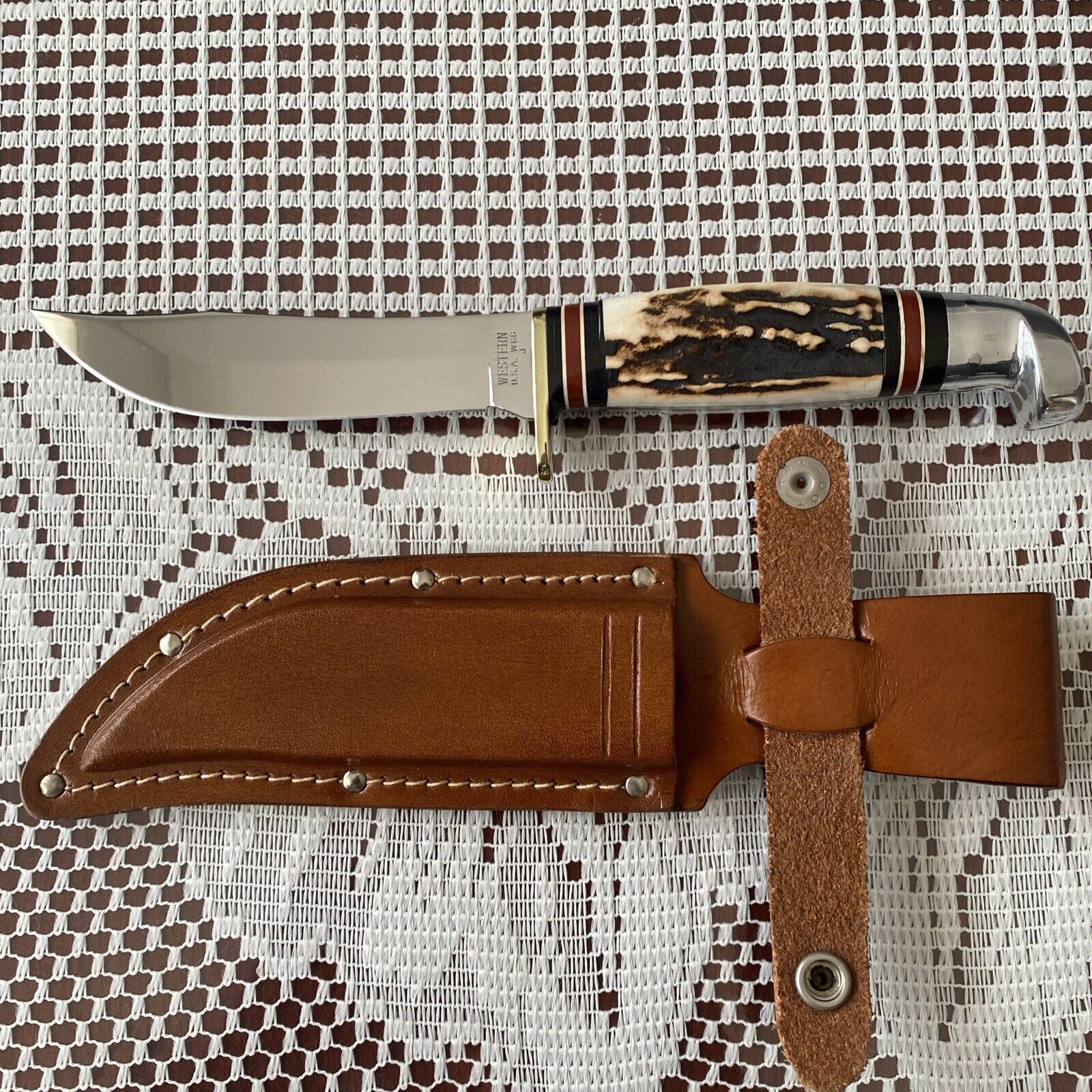 Rare Custom Western Knife W66 J Stamped With Sheath & Stag Handle Beautiful