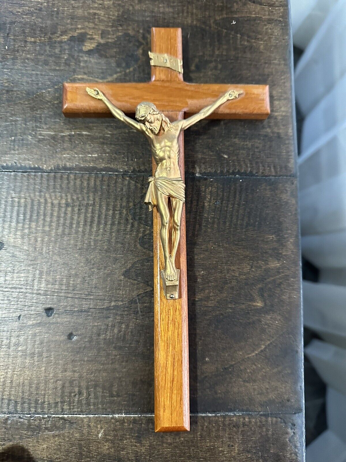 Vintage Wood & Metal Crucifix Jesus Christ on Cross INRI Catholic Large 10”