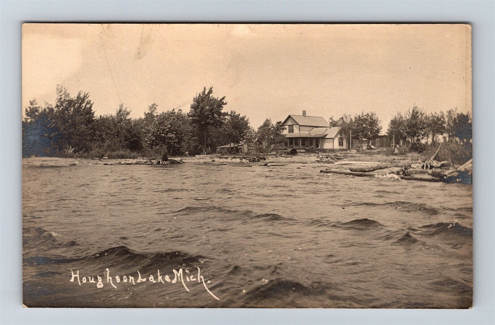 Postcard MI Houghton Lake Michigan Home On Lake Shore c1910s RPPC Real Photo T23